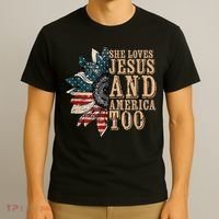 She Love Jesus And America Too Funny Sunflower America Flag T-Shirt thumb 3