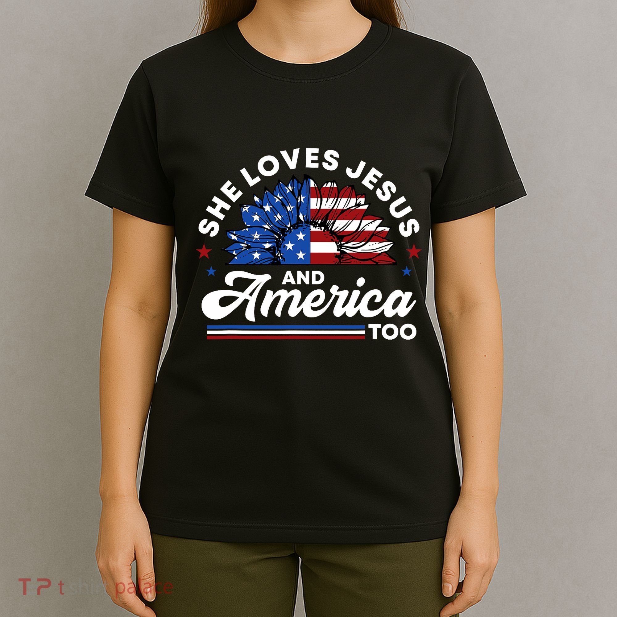 She Loves Jesus And America Too Christian Patriot Sunflower T-Shirt