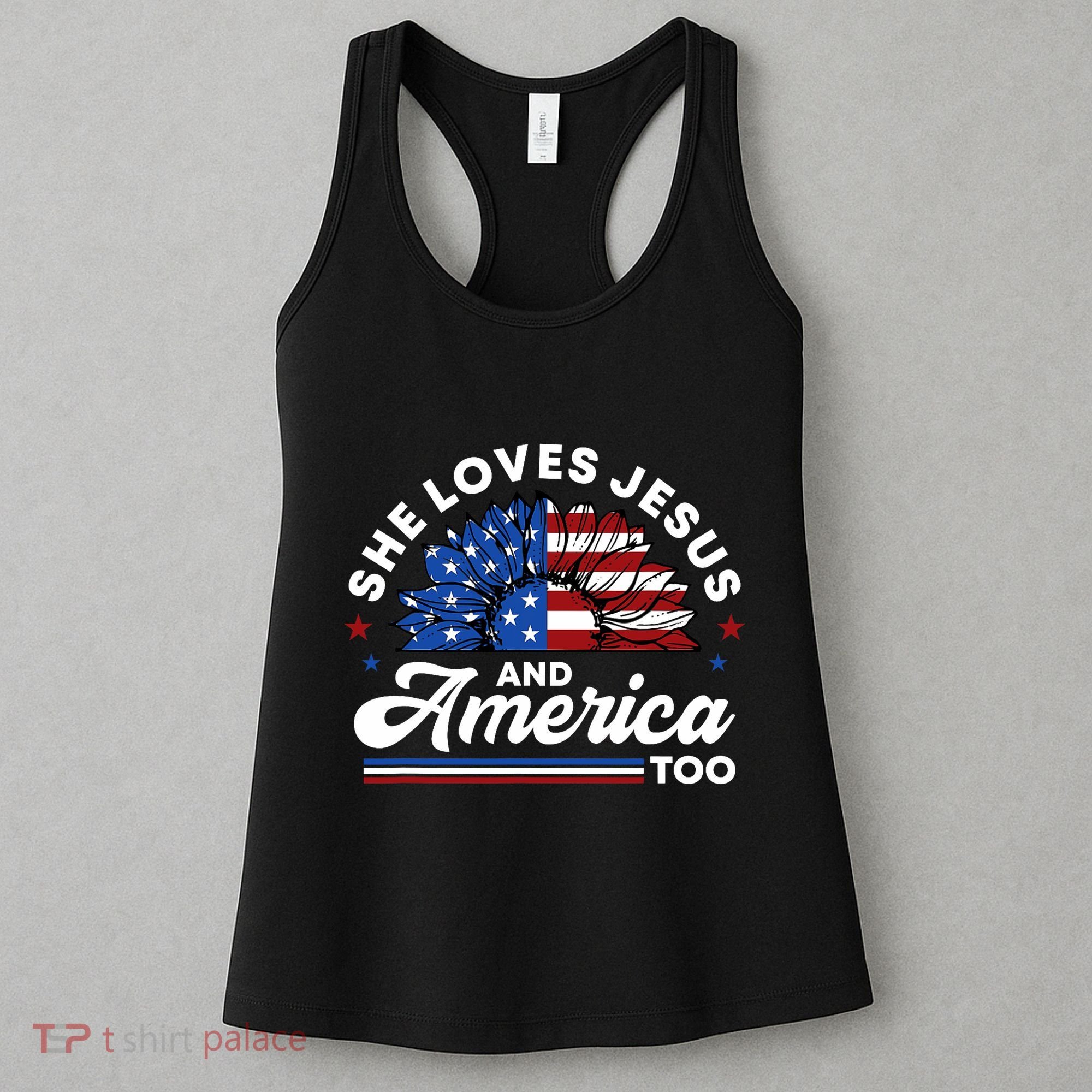 She Loves Jesus And America Too Christian Patriot Sunflower Women's Tank Top