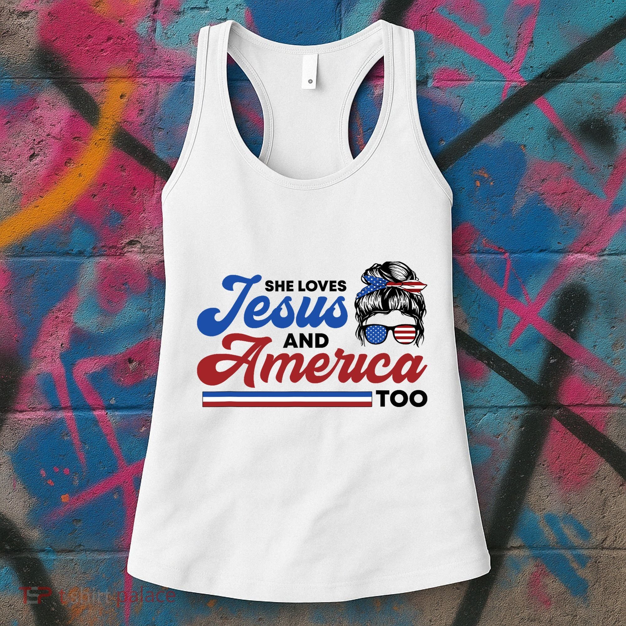 She Loves Jesus And America Too 4th of July Proud Christian Women's Tank Top