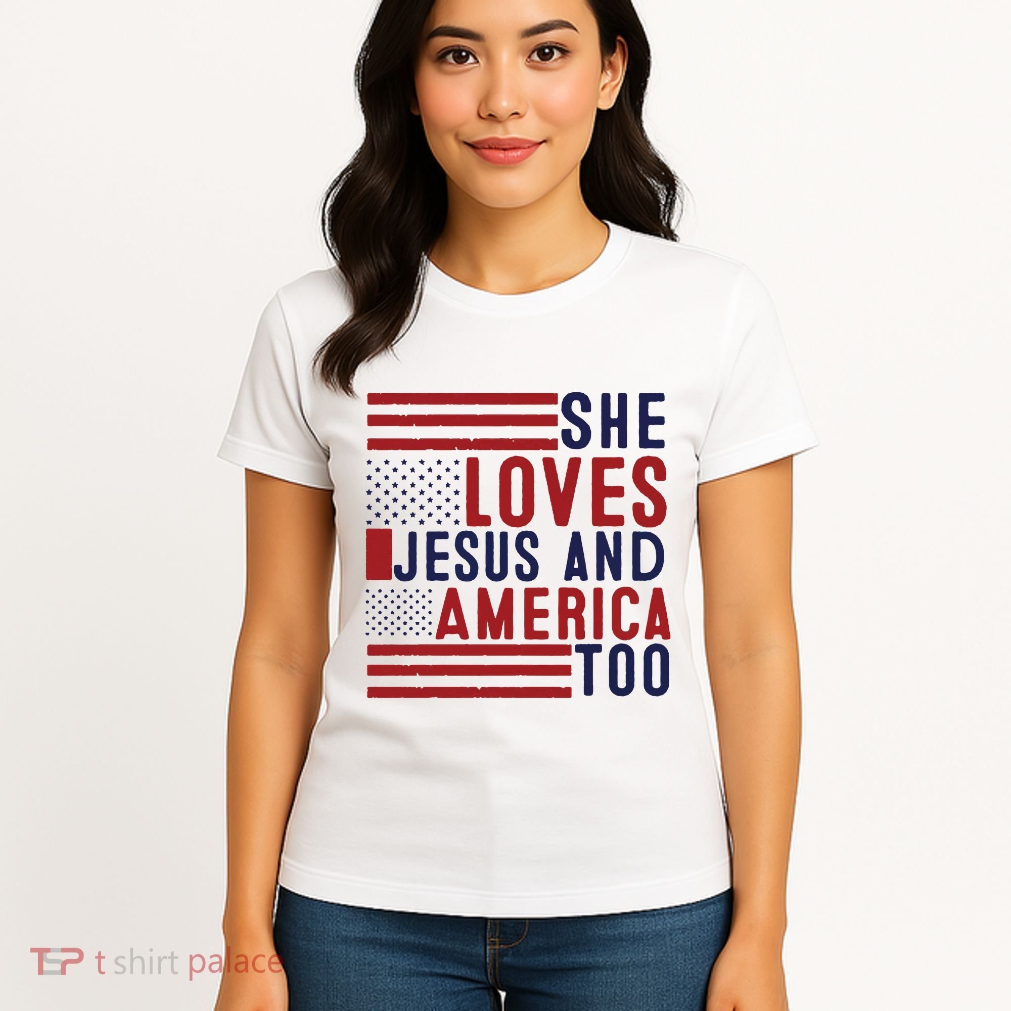 She Loves Jesus And America Too Women's T-Shirt