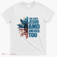 She Loves Jesus And America Too Sunflower 4th Of July Independence Day T-Shirt thumb 0