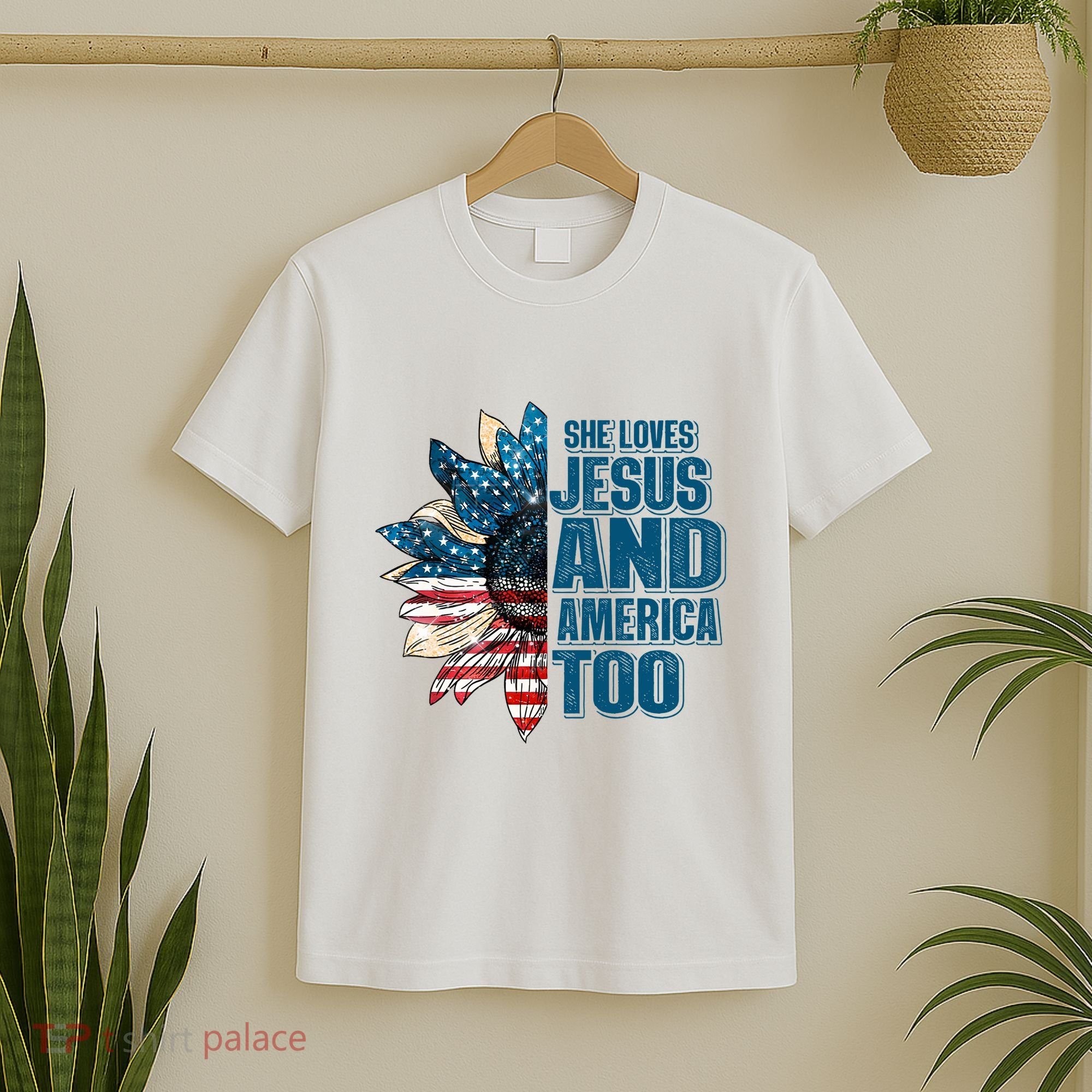 She Loves Jesus And America Too Sunflower 4th Of July Independence Day T-Shirt