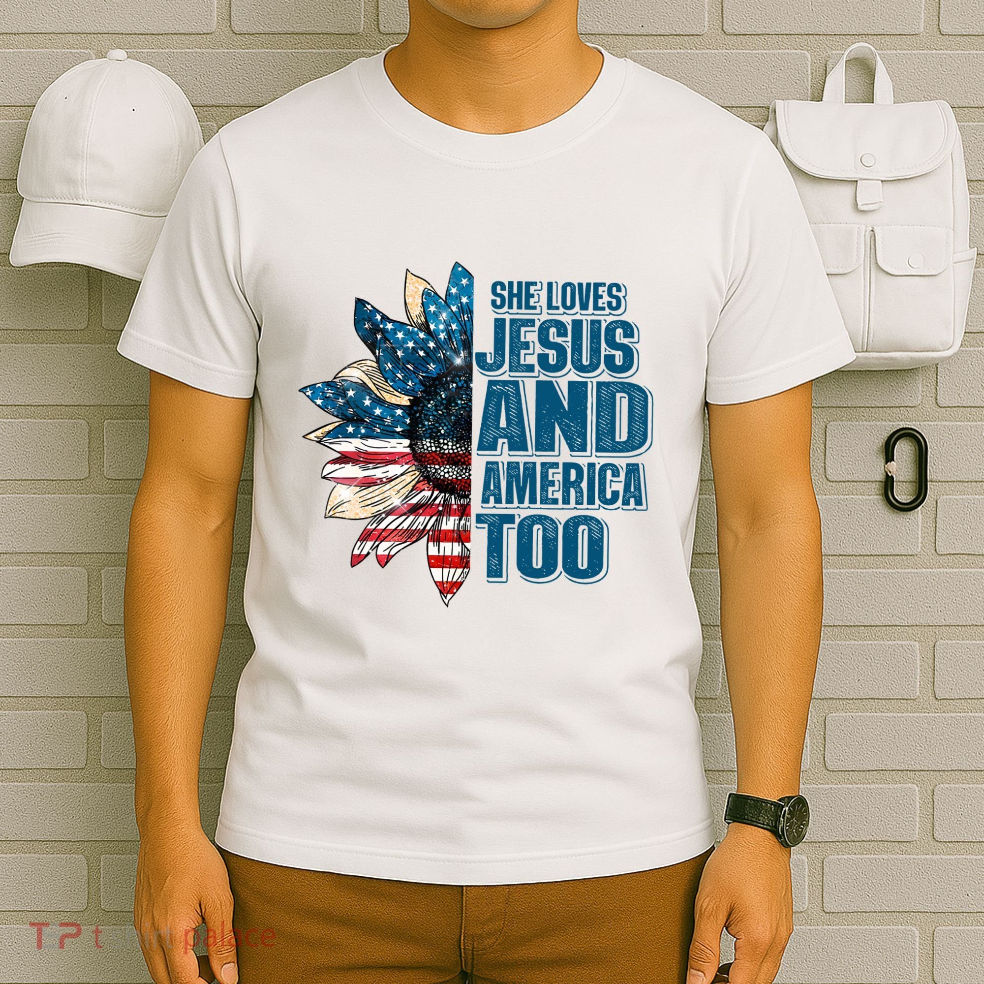 She Loves Jesus And America Too Sunflower 4th Of July Independence Day T-Shirt