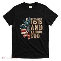 She Love Jesus And America Too Funny Sunflower America Flag T-Shirt thumb 0