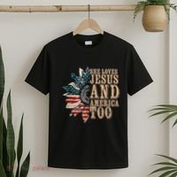 She Love Jesus And America Too Funny Sunflower America Flag T-Shirt thumb 2