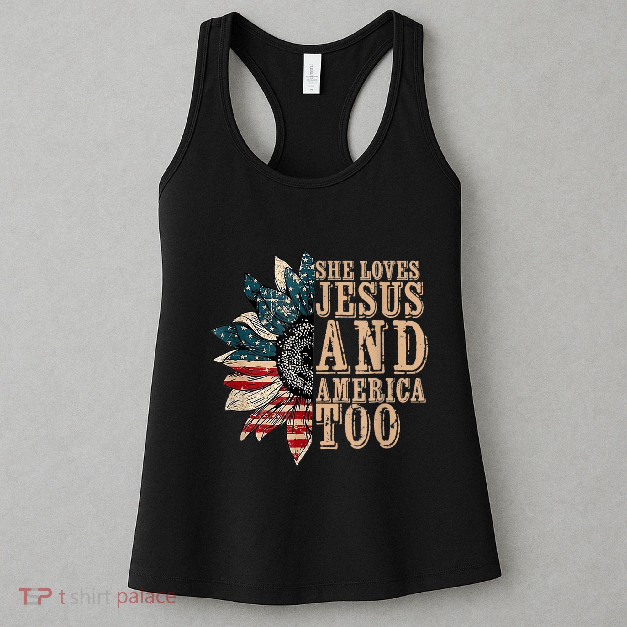 She Love Jesus And America Too Funny Sunflower America Flag Women's Tank Top