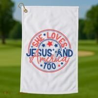 She Loves Jesus And America Too Golf Towel thumb 1