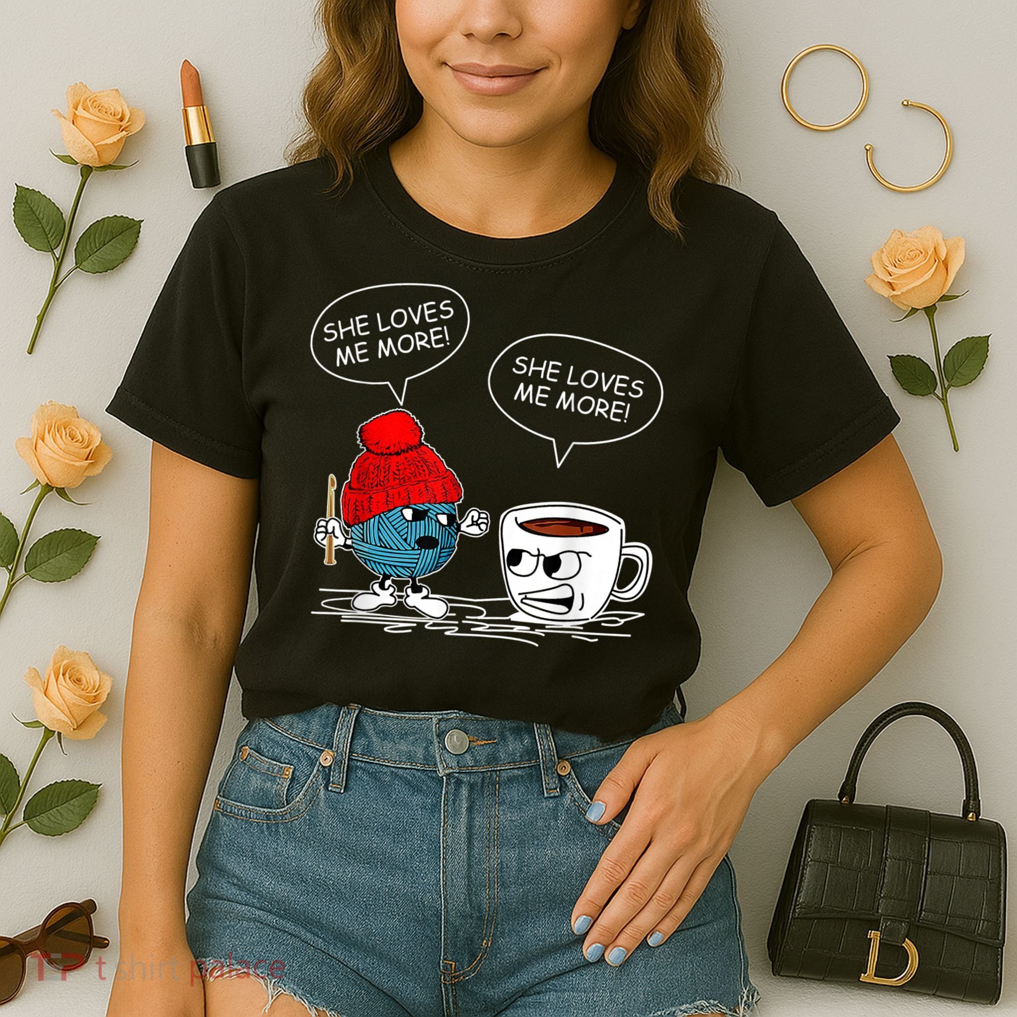 She Loves Me More Crochet Yarn And Coffee Funny Crocheting Comfort Colors Boxy T-Shirt