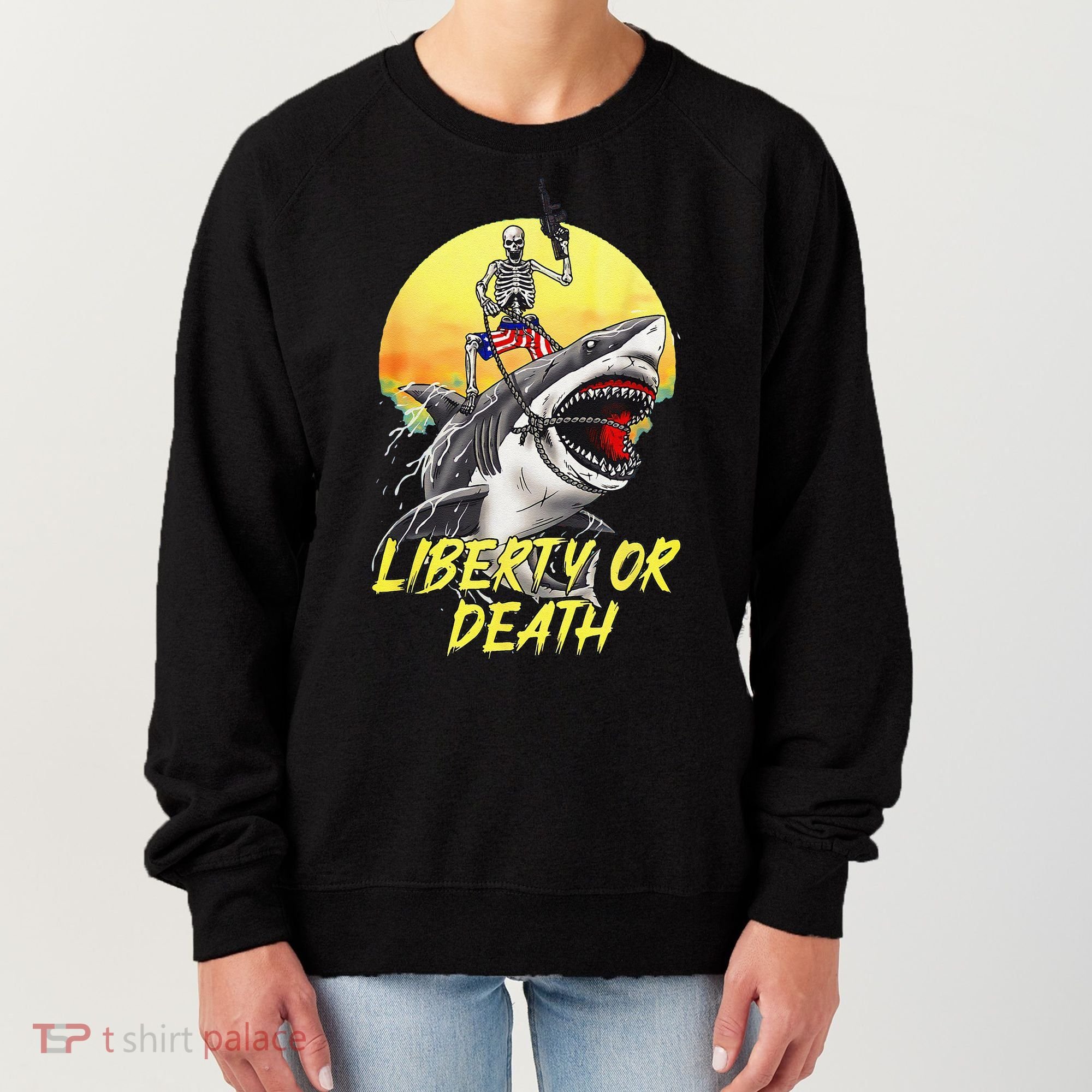 Skeleton Liberty Or Death Shark Halloween American Flag Women's Sweatshirt