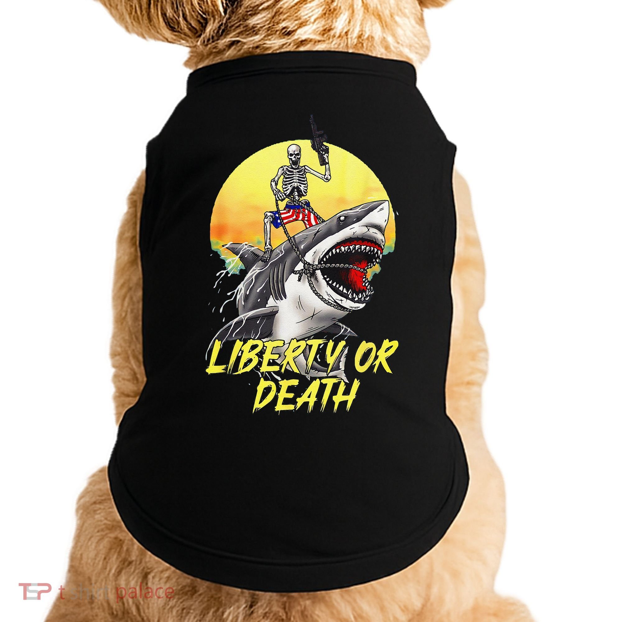 Skeleton Liberty Or Death Shark Halloween American Flag Doggie Tank