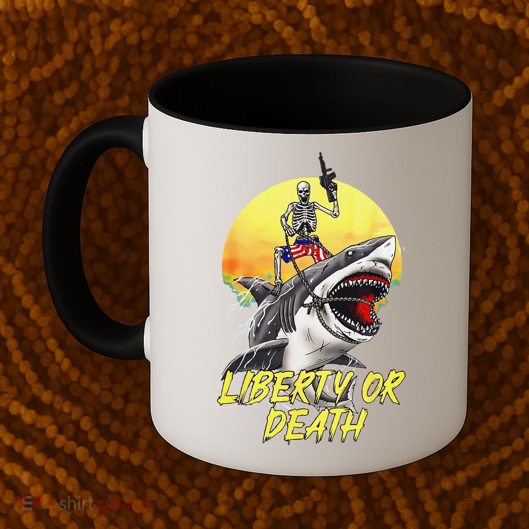 Skeleton Liberty Or Death Shark Halloween American Flag Coffee Mug