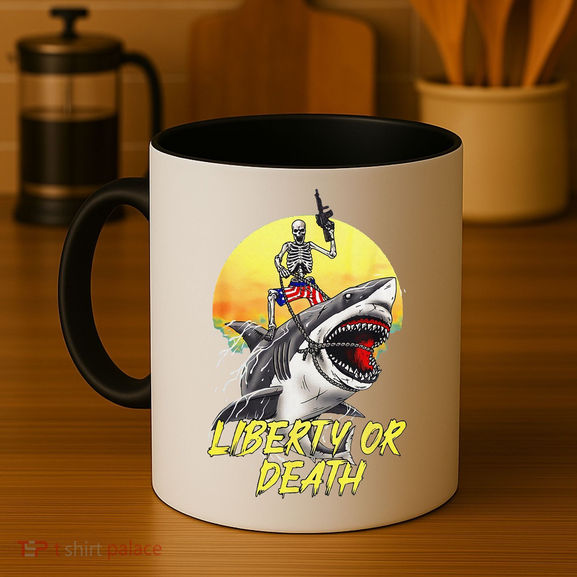 Skeleton Liberty Or Death Shark Halloween American Flag Coffee Mug