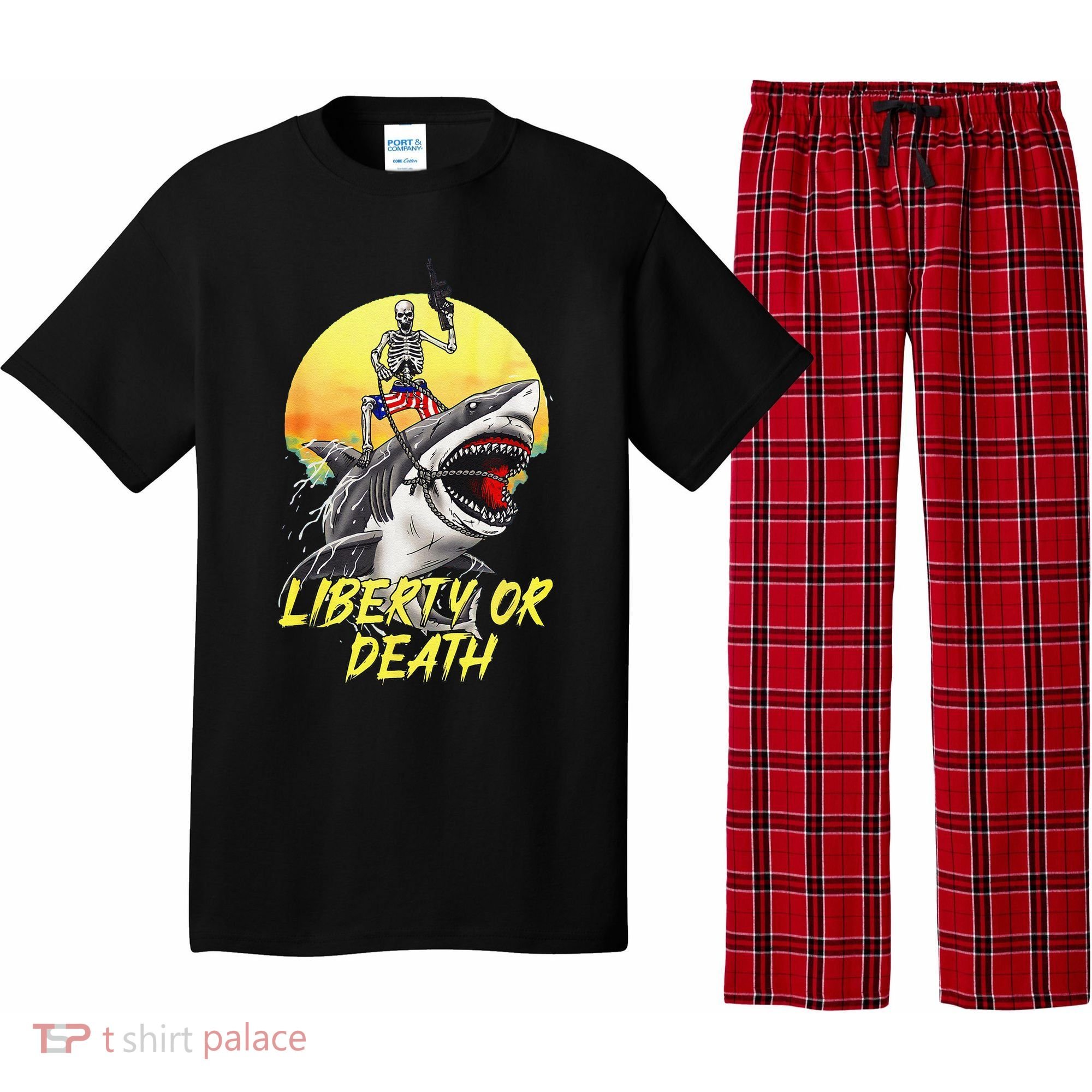 Skeleton Liberty Or Death Shark Halloween American Flag Pajama Set
