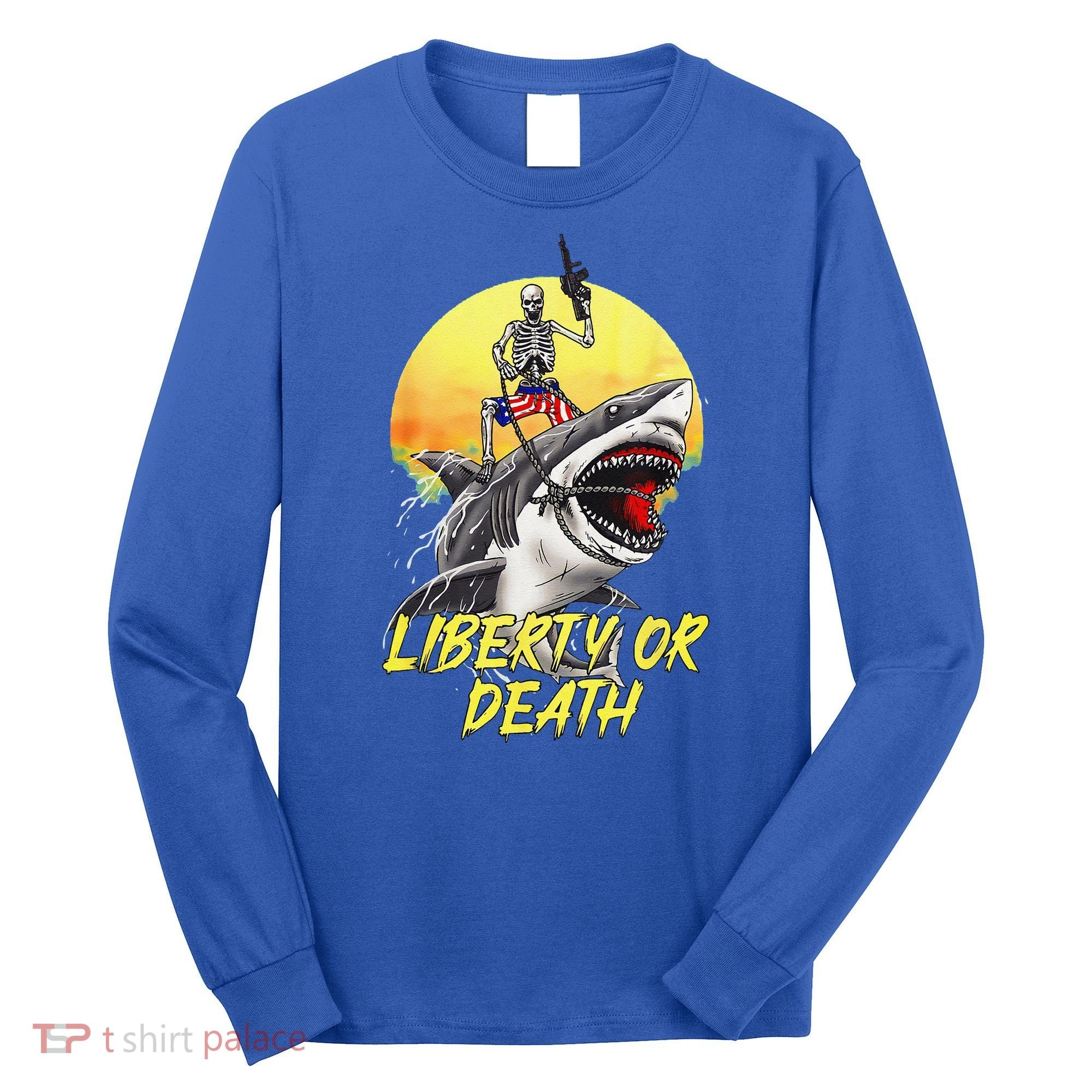 Skeleton Liberty Or Death Shark Halloween American Flag Long Sleeve Shirt