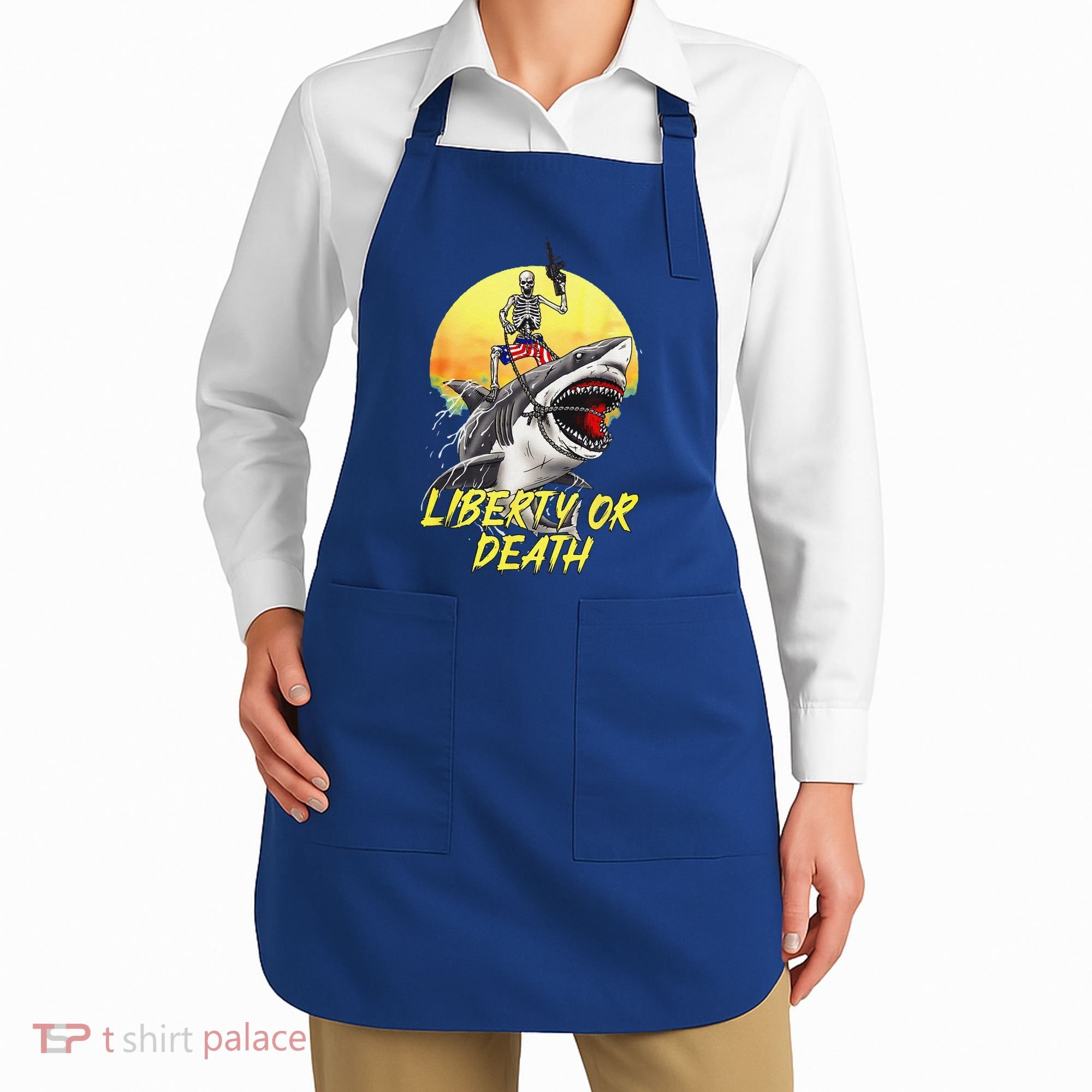 Skeleton Liberty Or Death Shark Halloween American Flag Apron