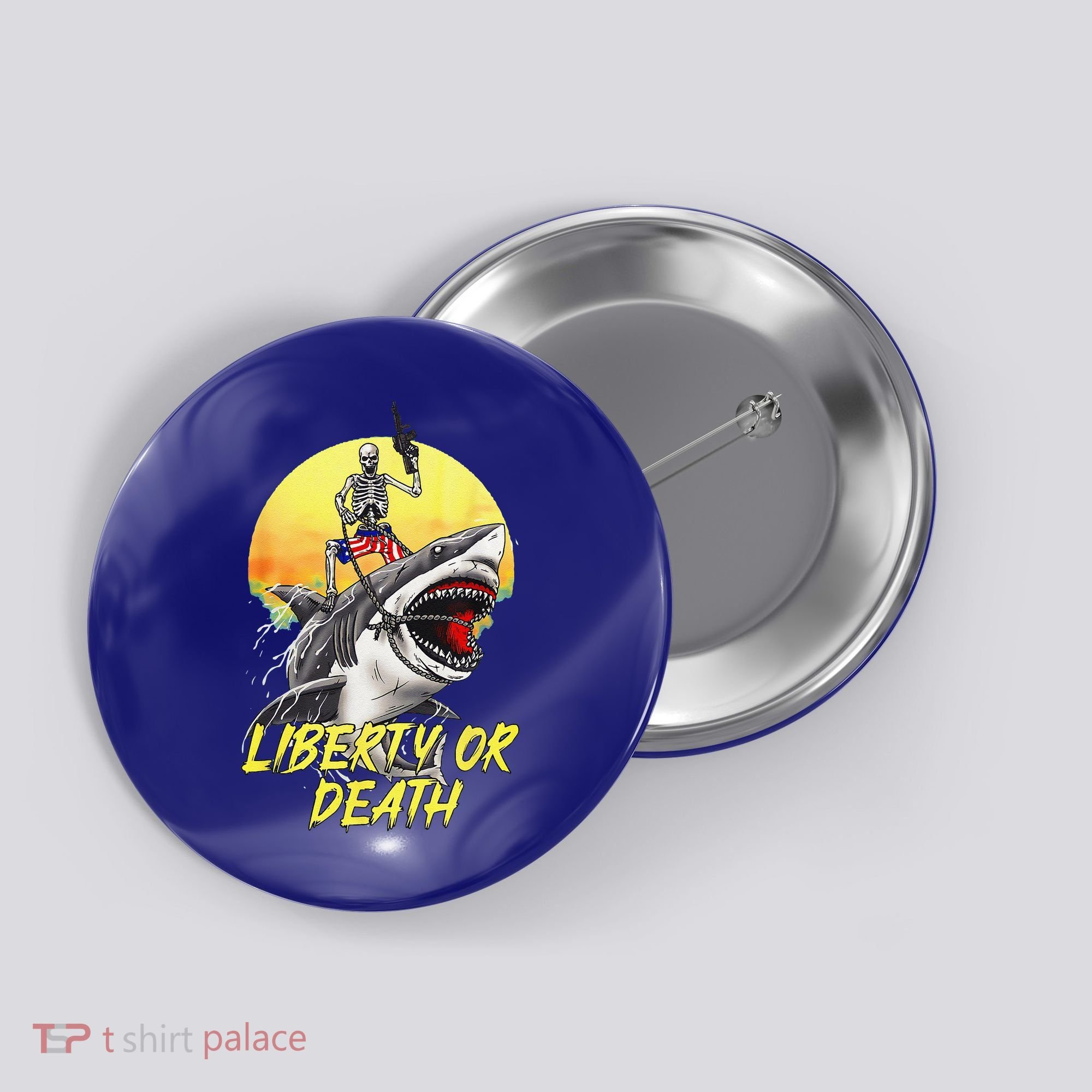 Skeleton Liberty Or Death Shark Halloween American Flag Button