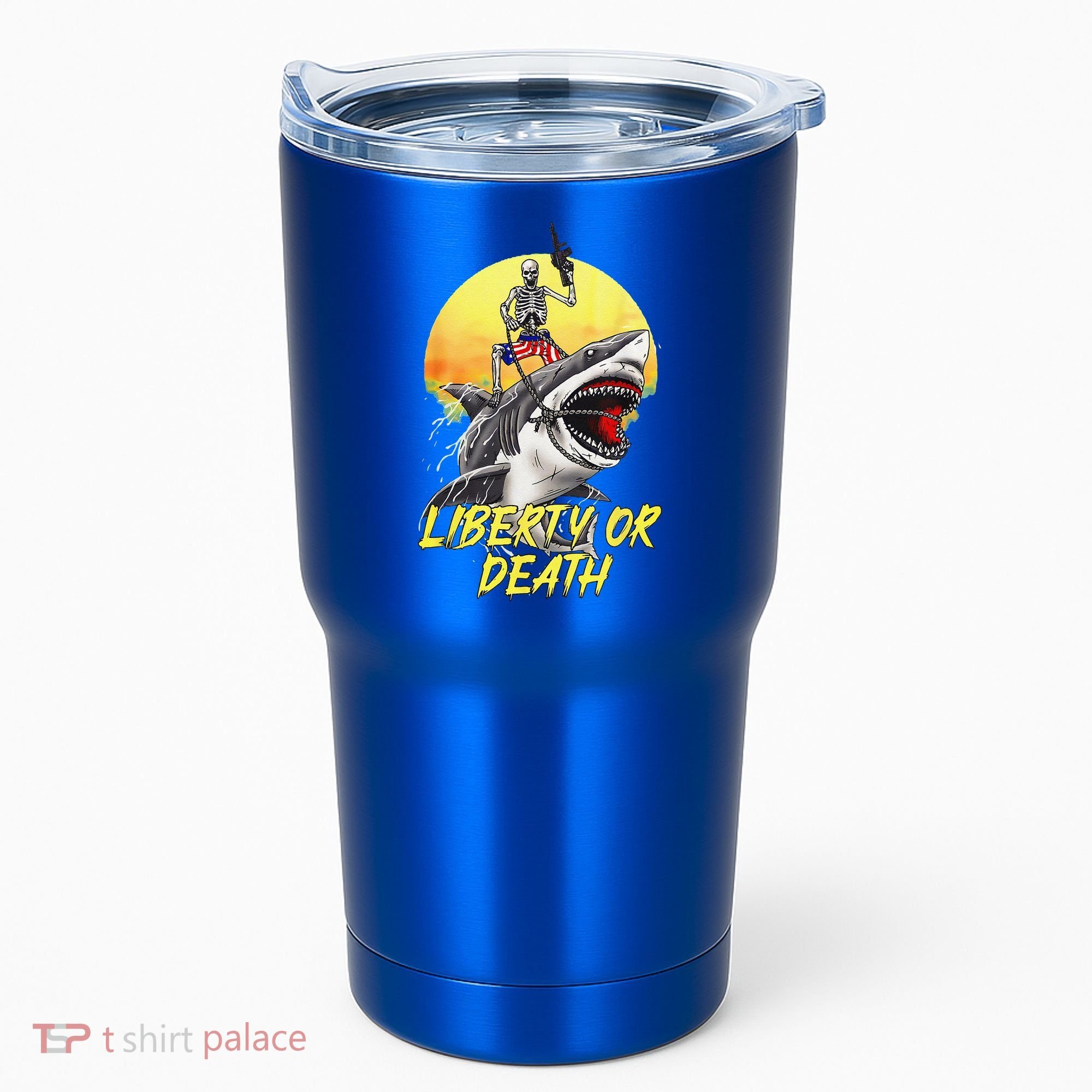 Skeleton Liberty Or Death Shark Halloween American Flag Tumbler