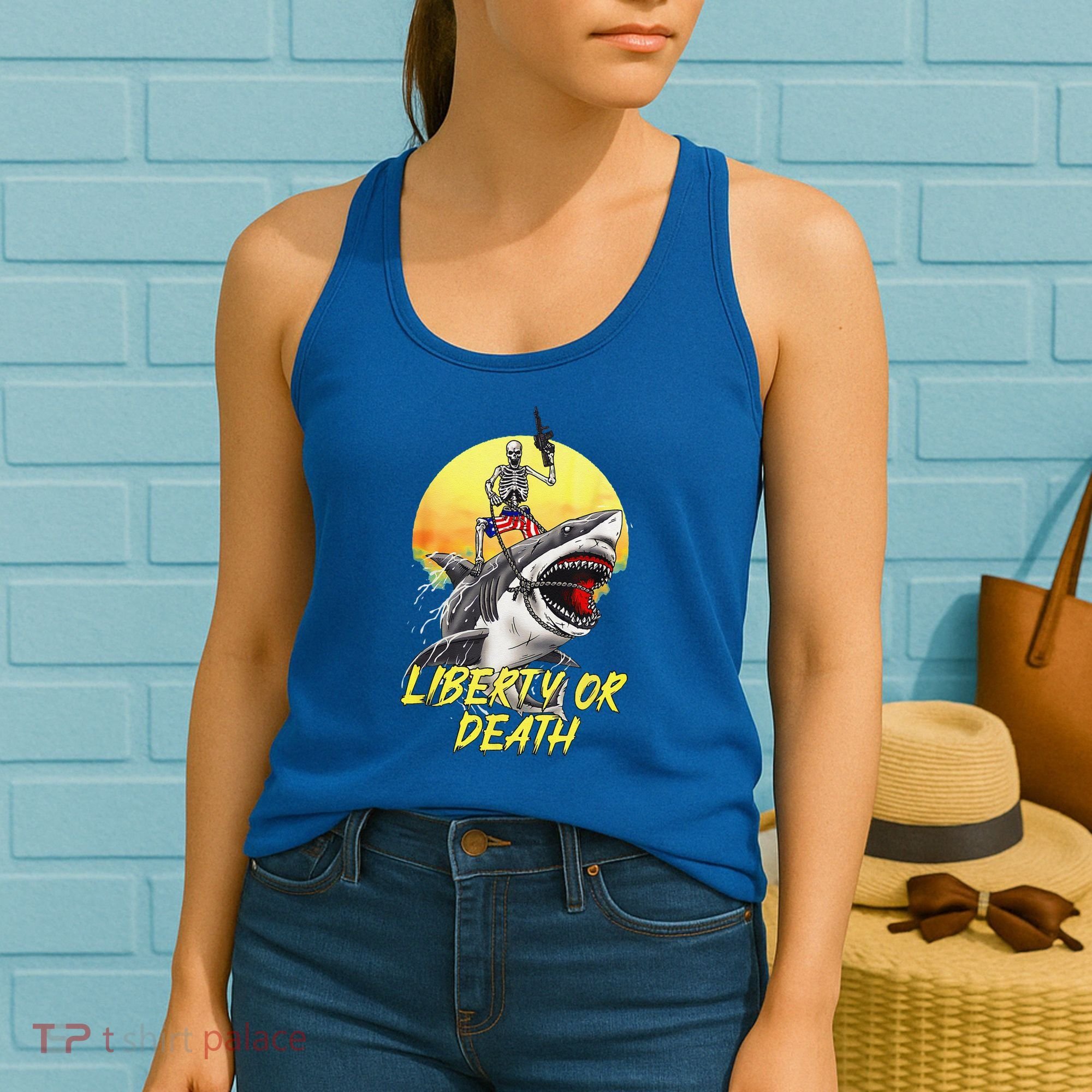 Skeleton Liberty Or Death Shark Halloween American Flag Women's Tank Top