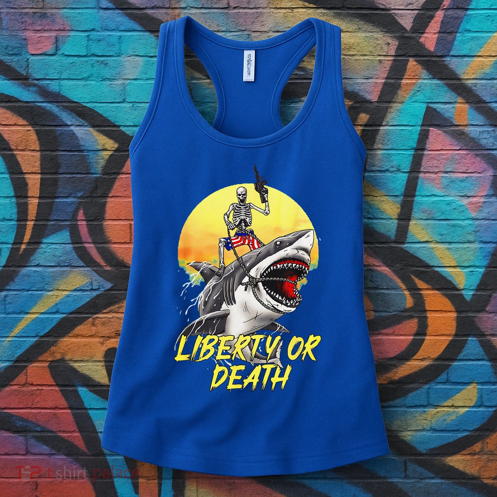 Skeleton Liberty Or Death Shark Halloween American Flag Women's Tank Top