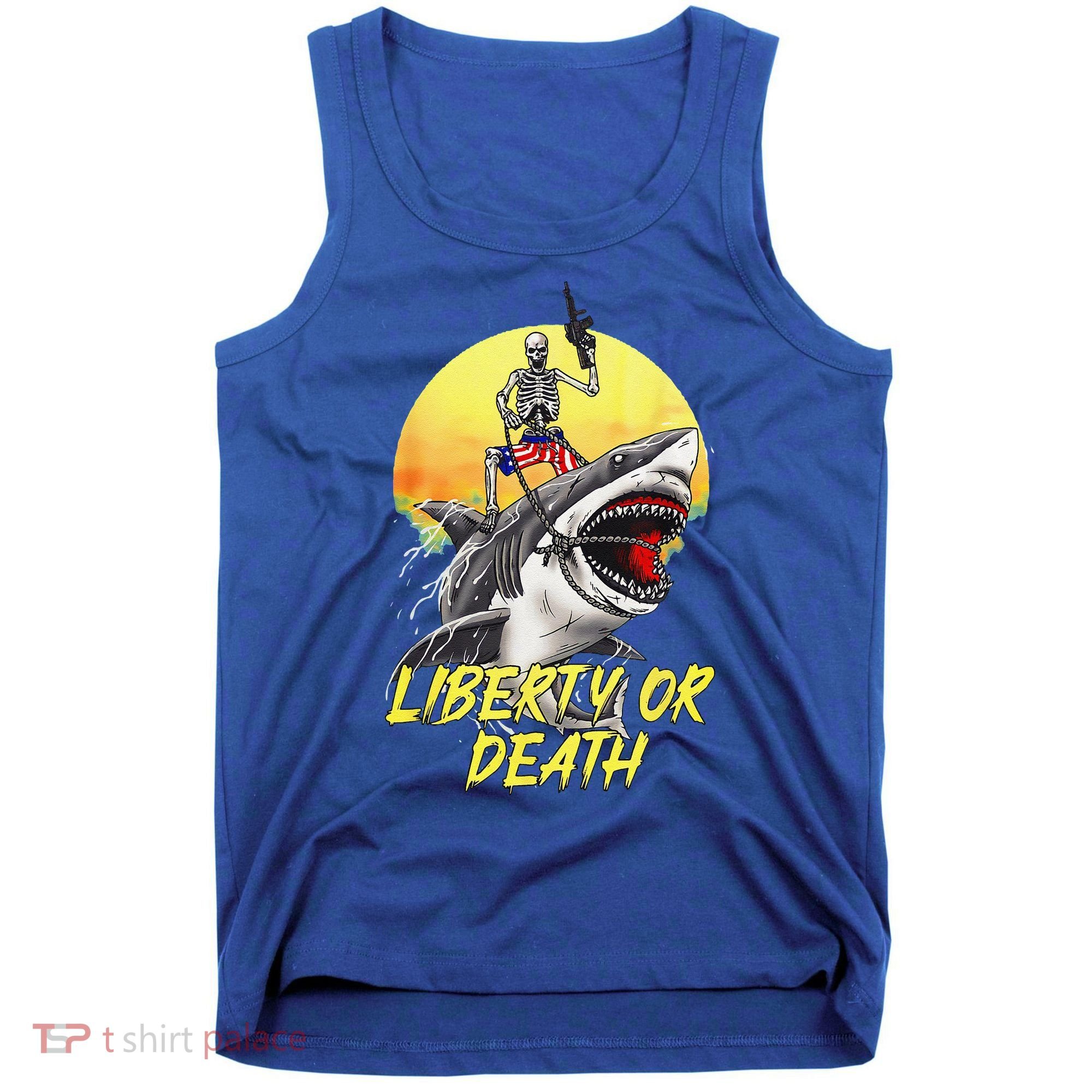 Skeleton Liberty Or Death Shark Halloween American Flag Tank Top