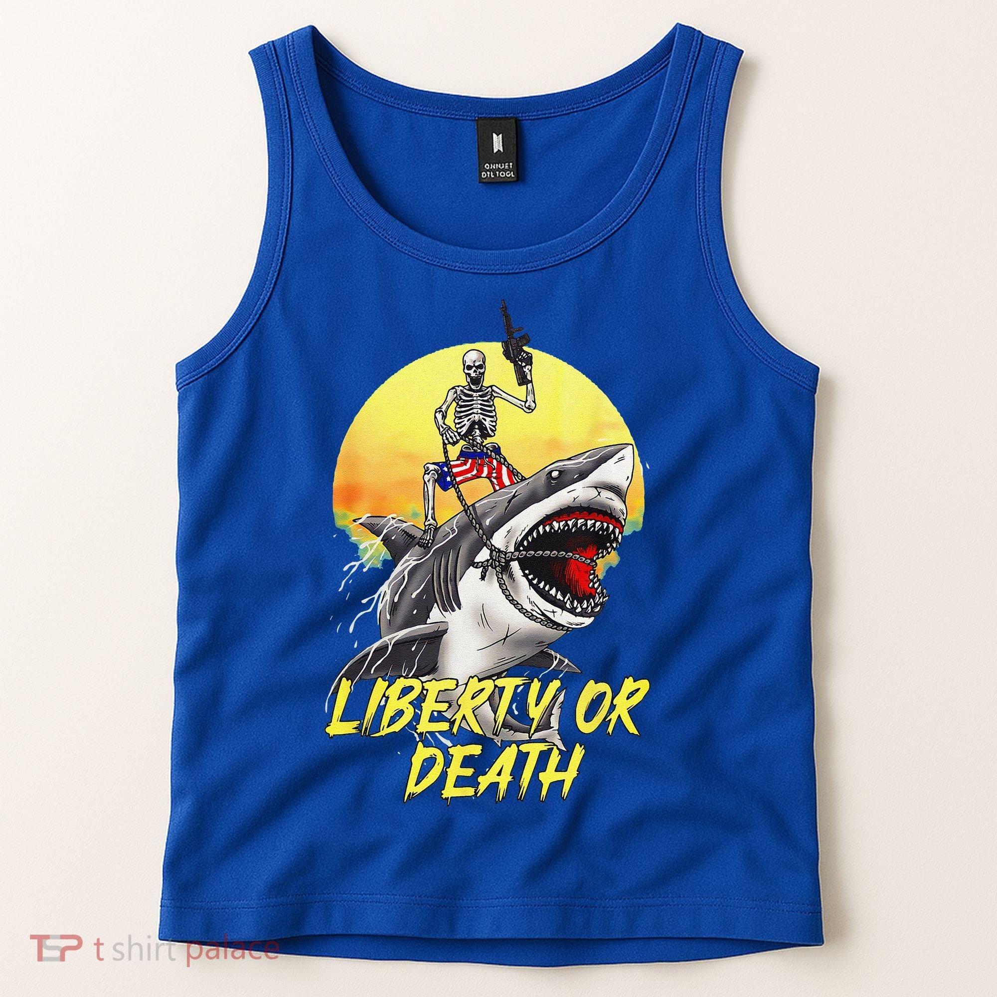 Skeleton Liberty Or Death Shark Halloween American Flag Tank Top