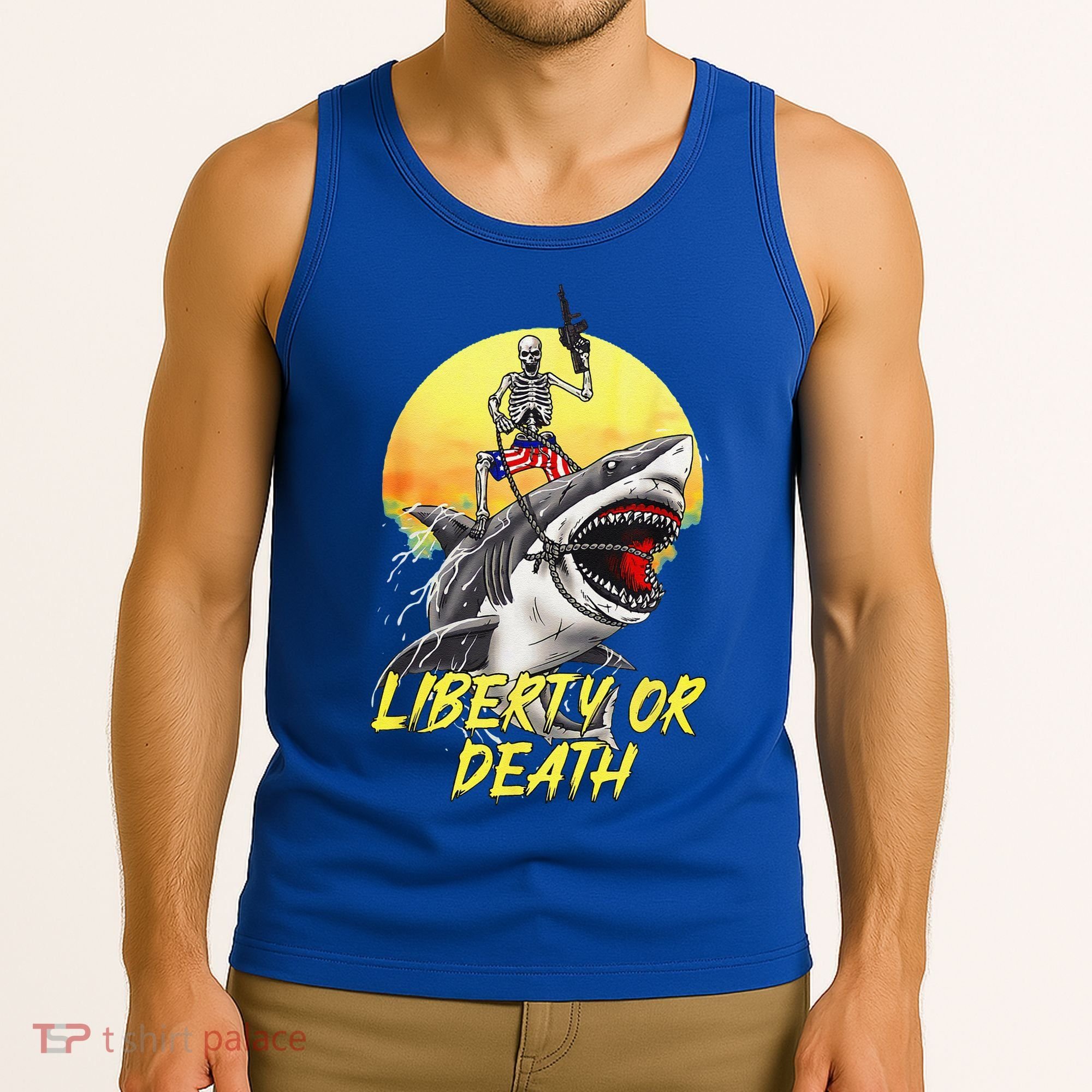 Skeleton Liberty Or Death Shark Halloween American Flag Tank Top