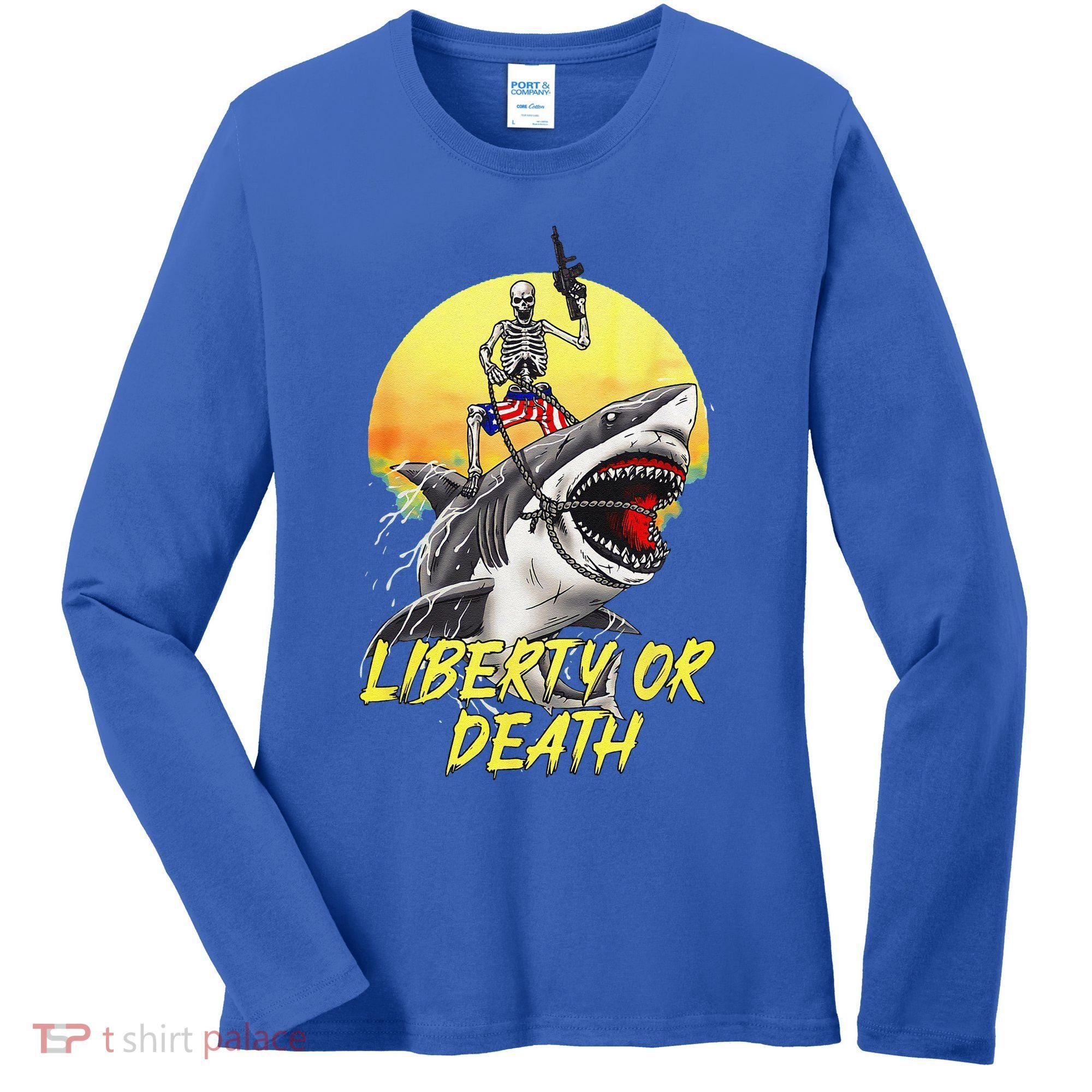 Skeleton Liberty Or Death Shark Halloween American Flag Women's Long Sleeve Shirt
