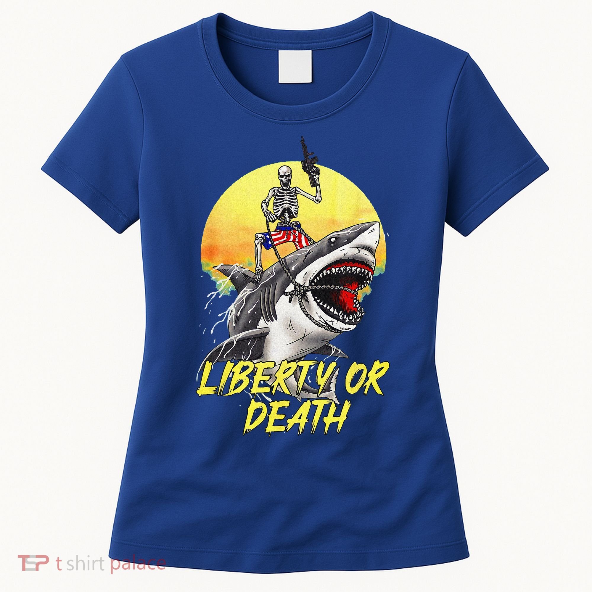 Skeleton Liberty Or Death Shark Halloween American Flag Women's T-Shirt