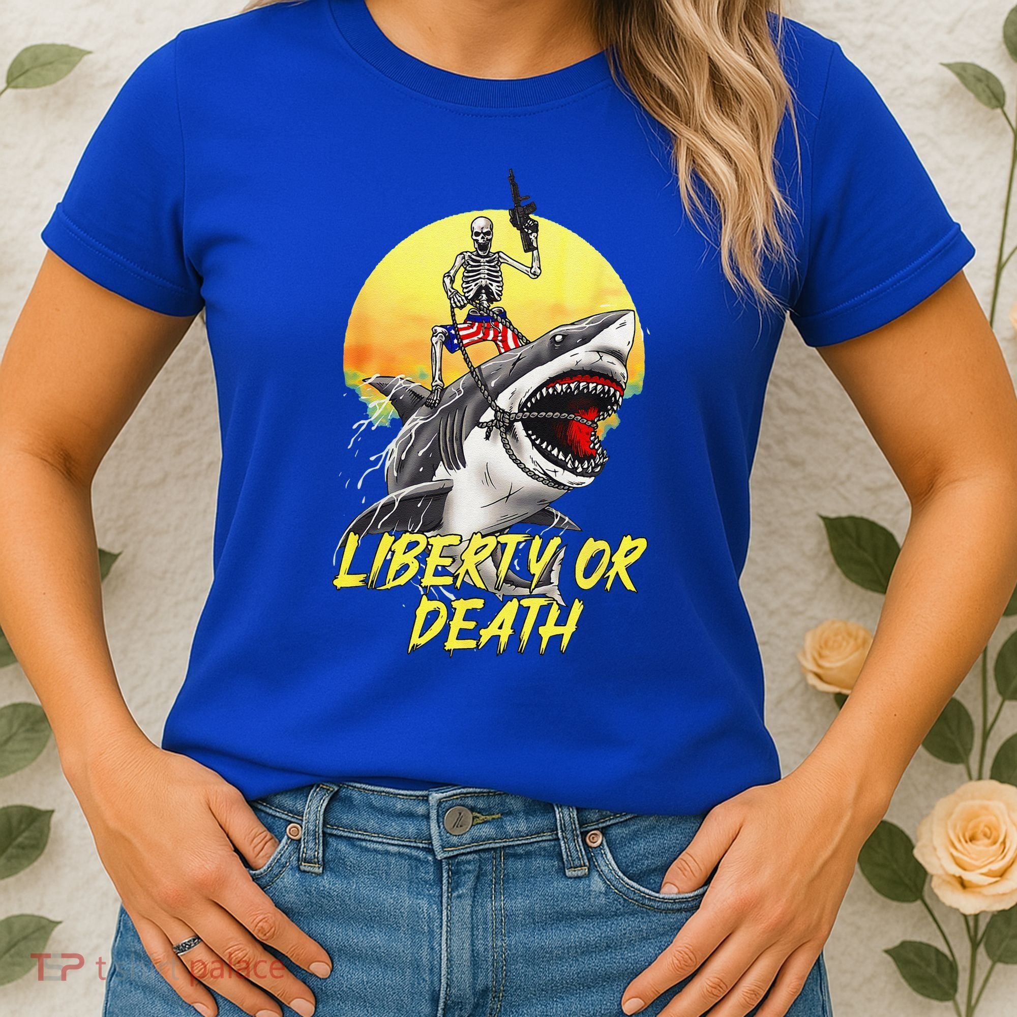 Skeleton Liberty Or Death Shark Halloween American Flag Women's T-Shirt