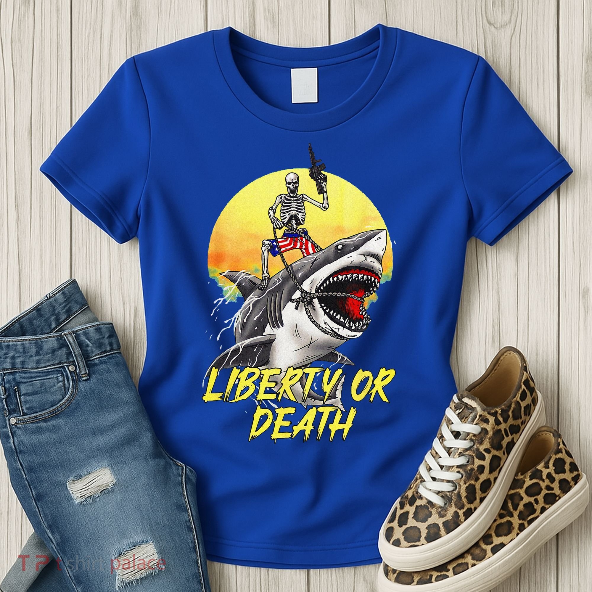 Skeleton Liberty Or Death Shark Halloween American Flag Women's T-Shirt