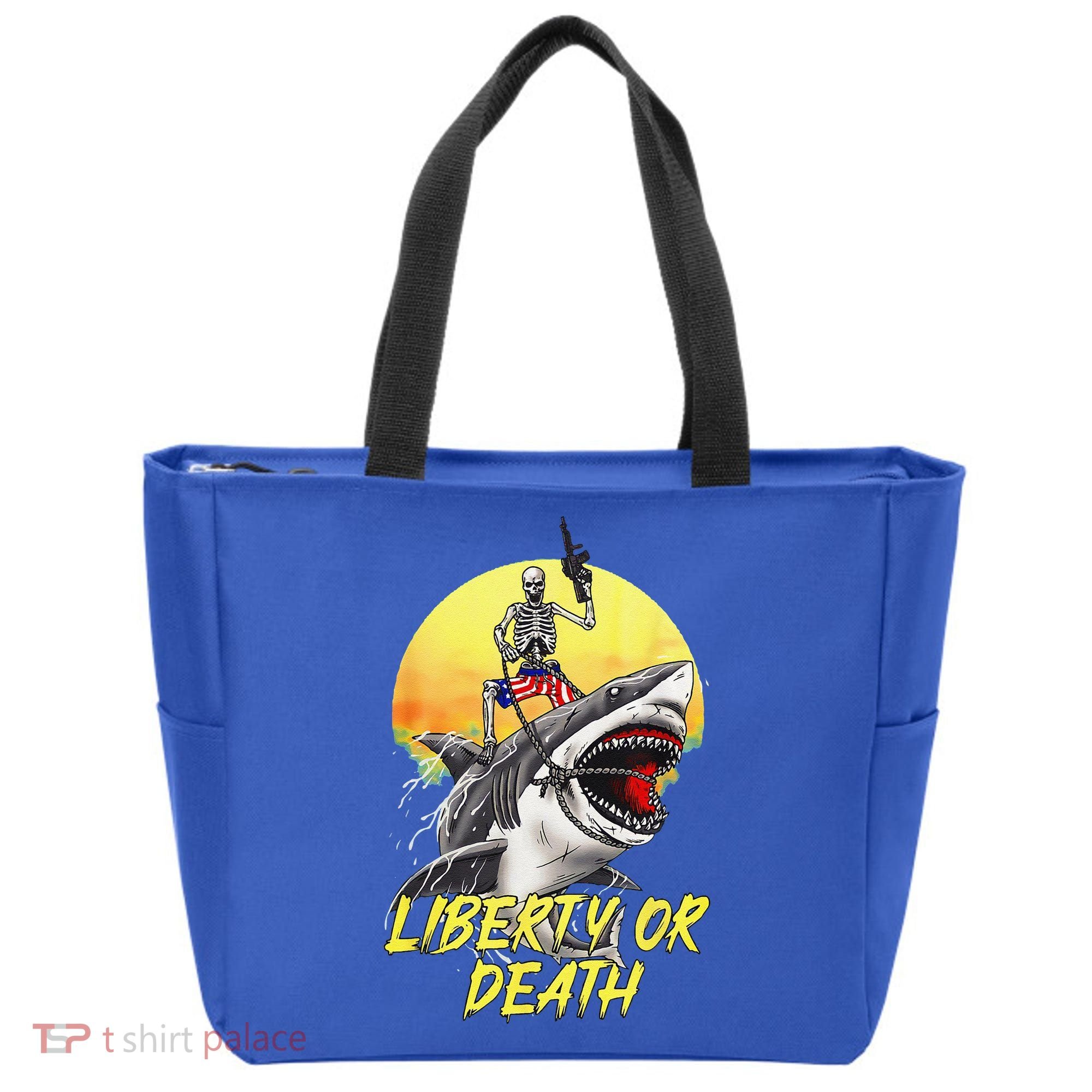 Skeleton Liberty Or Death Shark Halloween American Flag Tote Bag