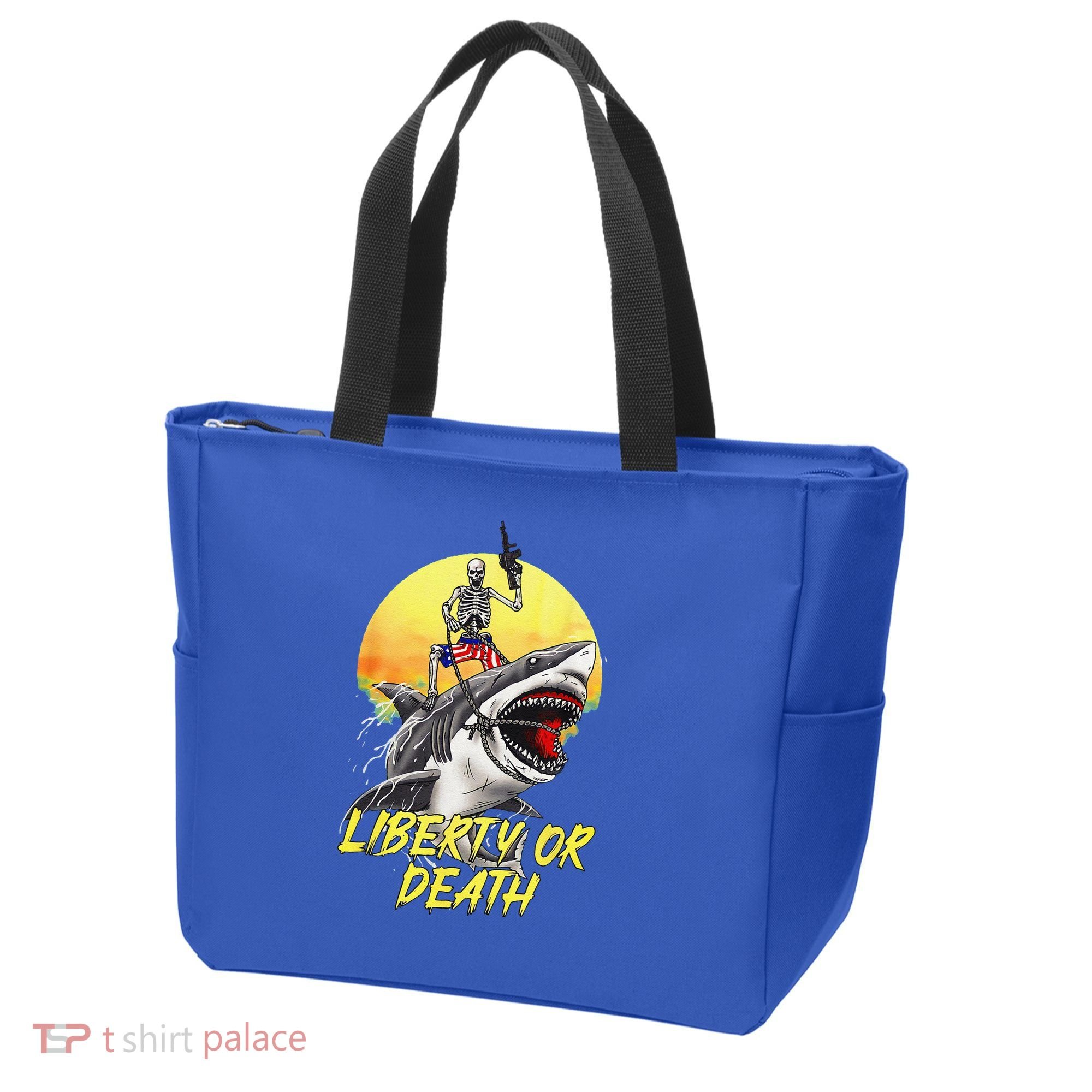Skeleton Liberty Or Death Shark Halloween American Flag Tote Bag