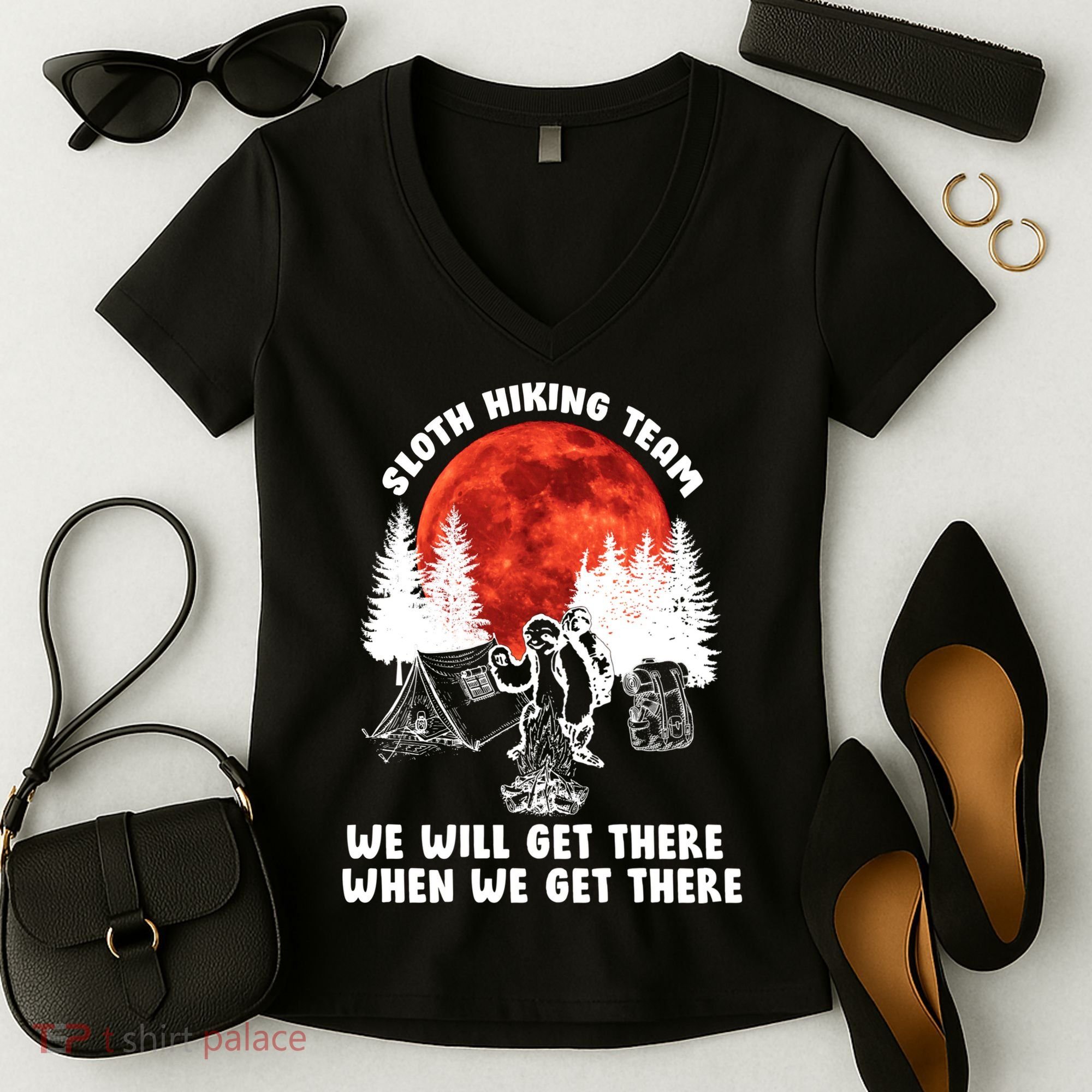 Sloth Hiking Team Will Get We There Funny Camping Women's V-Neck T-Shirt