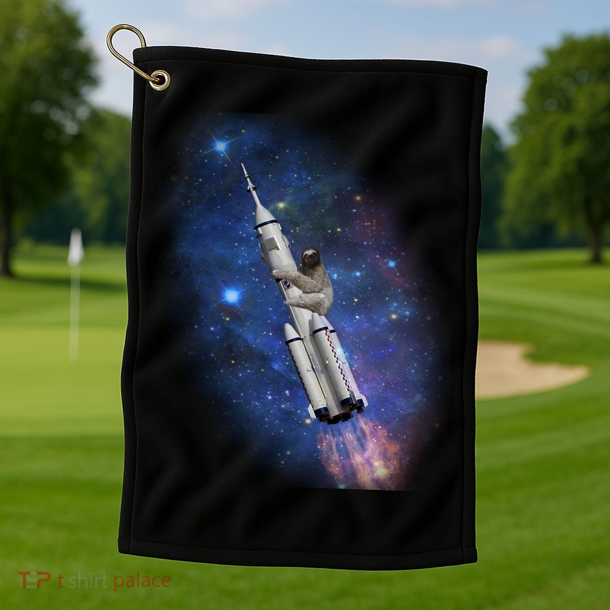 Sloth In Space Rocket ship Golf Towel