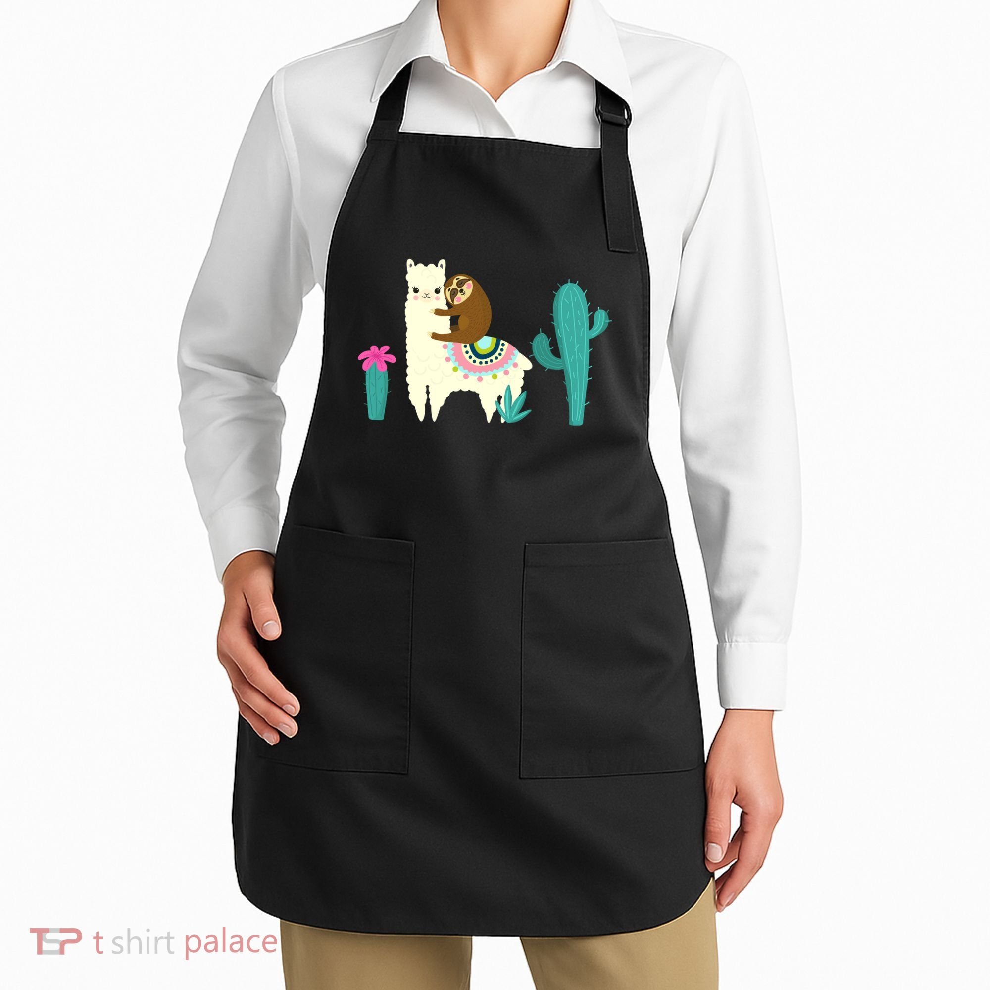 Sloth Riding Llama Funny Cactus Apron