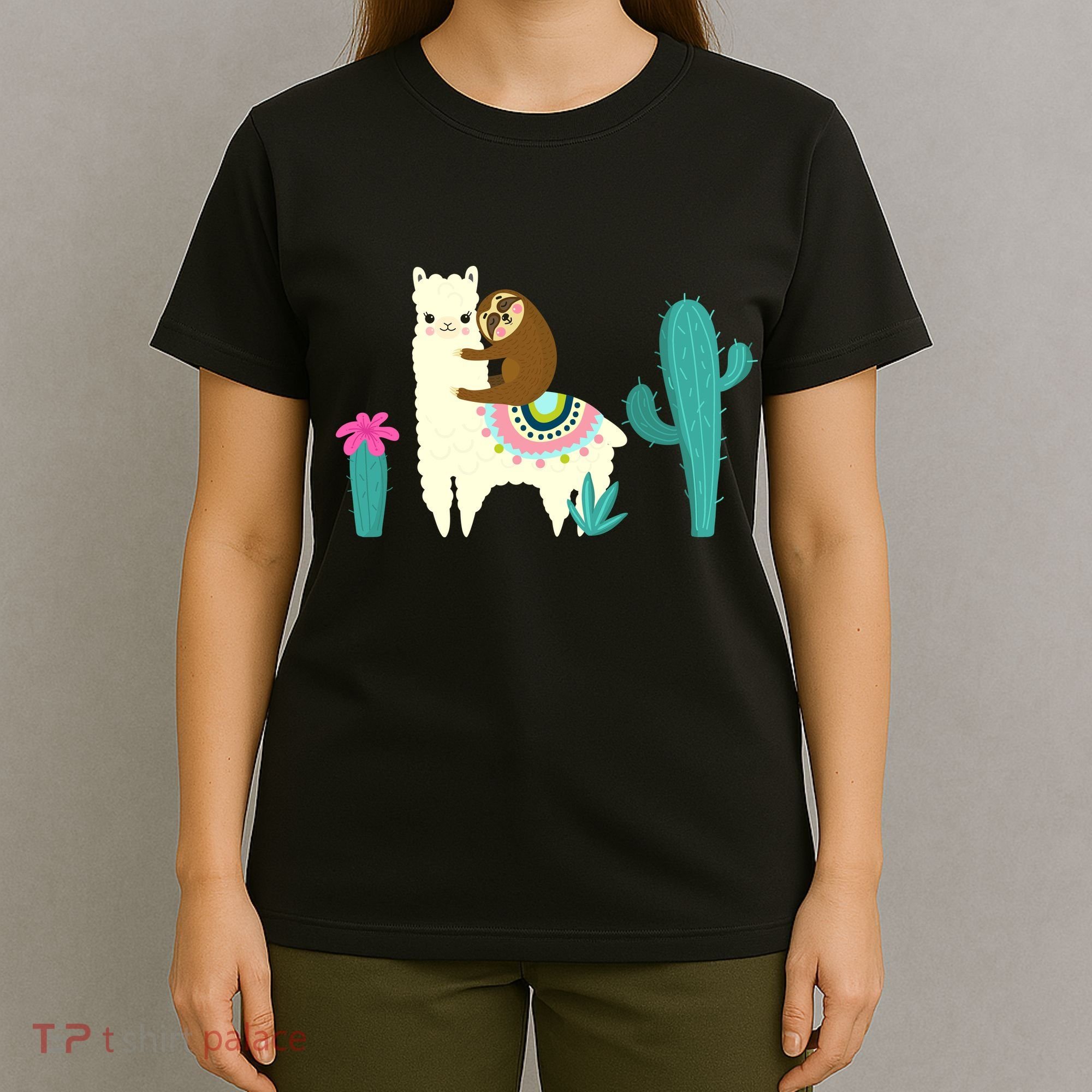 Sloth Riding Llama Funny Cactus T-Shirt