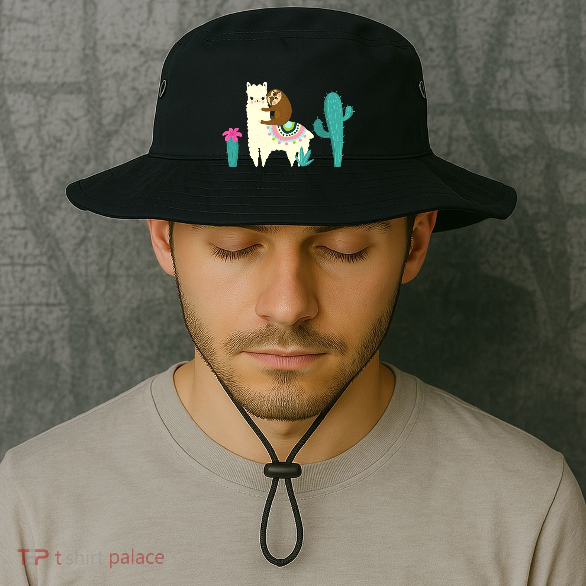 Sloth Riding Llama Funny Cactus Bucket Hat