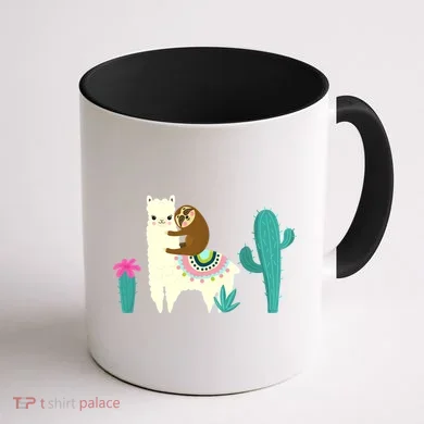 Sloth Riding Llama Funny Cactus Coffee Mug back