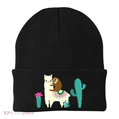 Sloth Riding Llama Funny Cactus Beanie