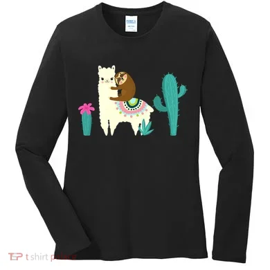 Sloth Riding Llama Funny Cactus Women's Long Sleeve Shirt