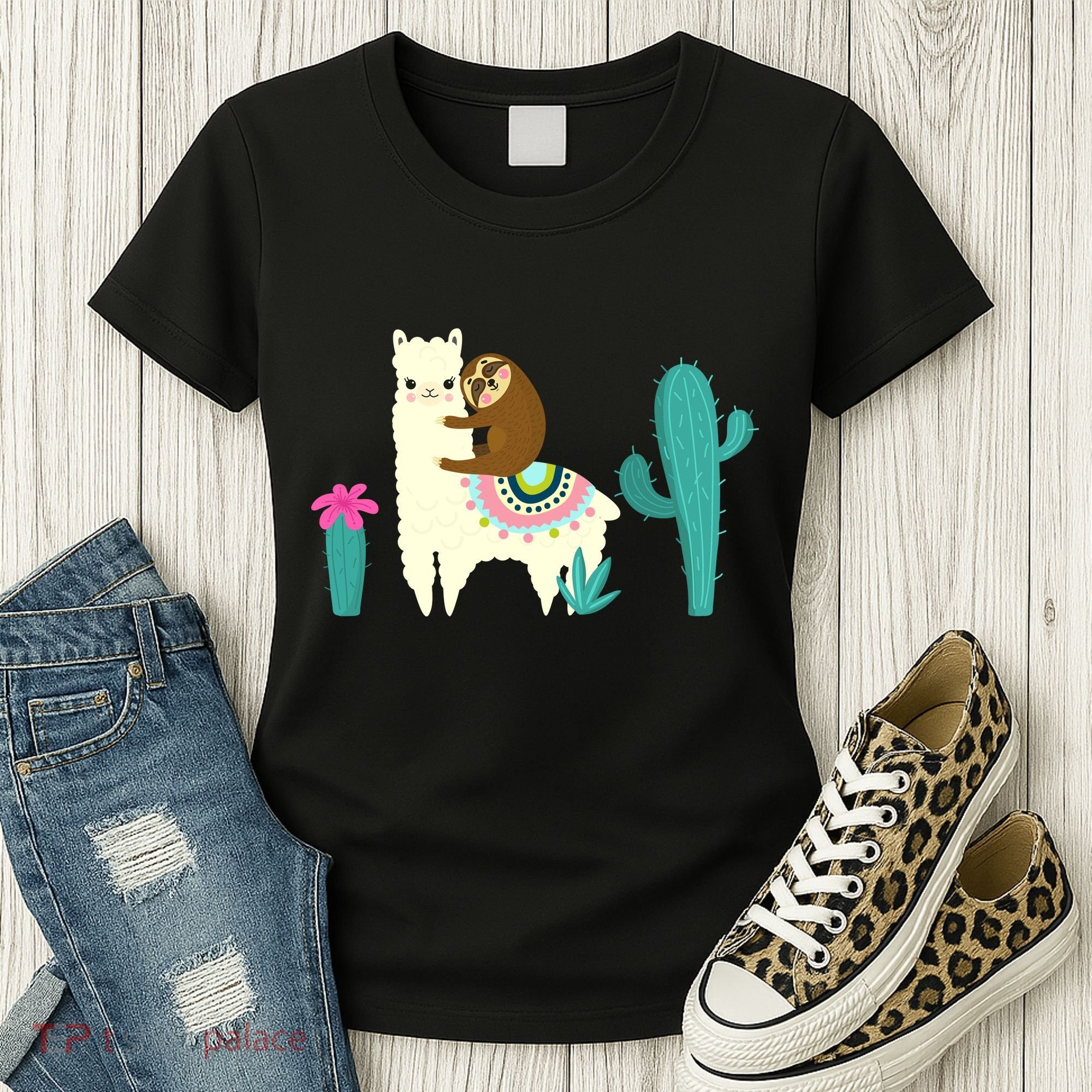 Sloth Riding Llama Funny Cactus Women's T-Shirt