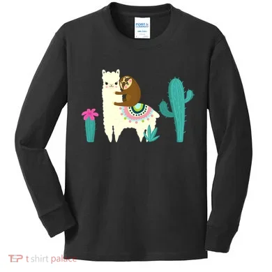 Sloth Riding Llama Funny Cactus Kids Long Sleeve Shirt