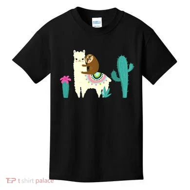 Sloth Riding Llama Funny Cactus Kids T-Shirt