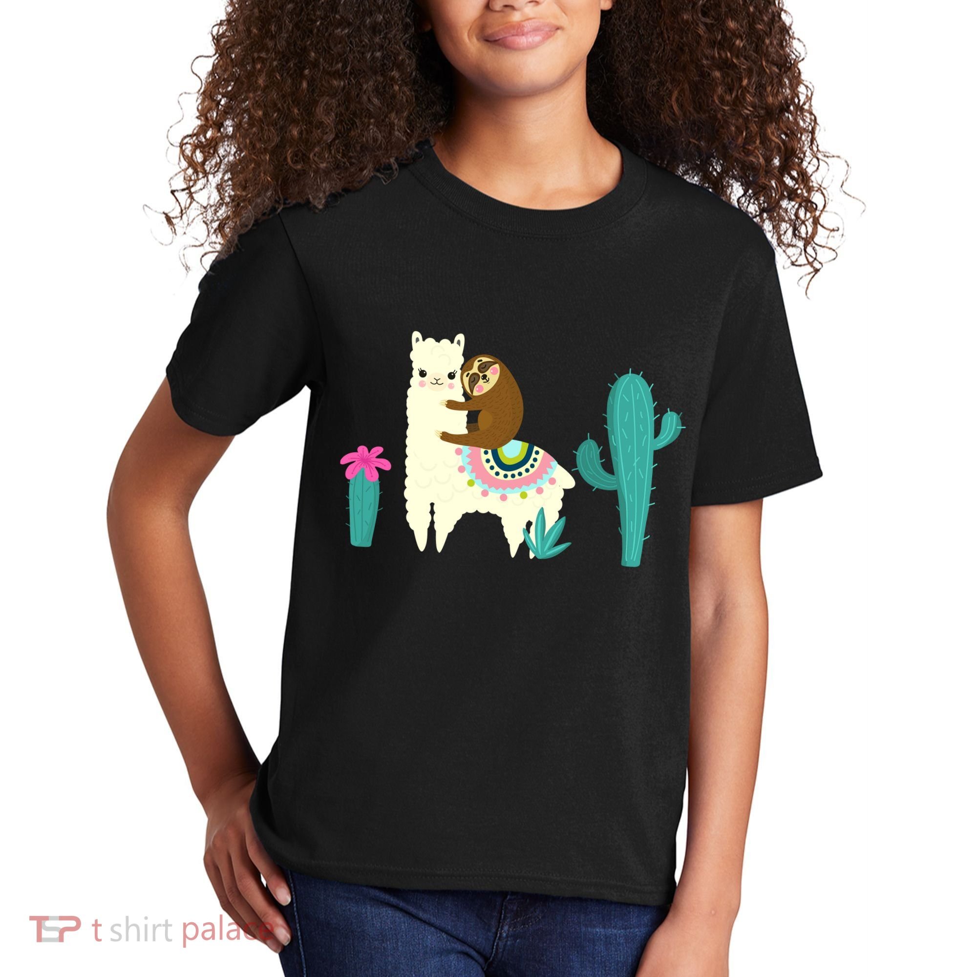 Sloth Riding Llama Funny Cactus Kids T-Shirt