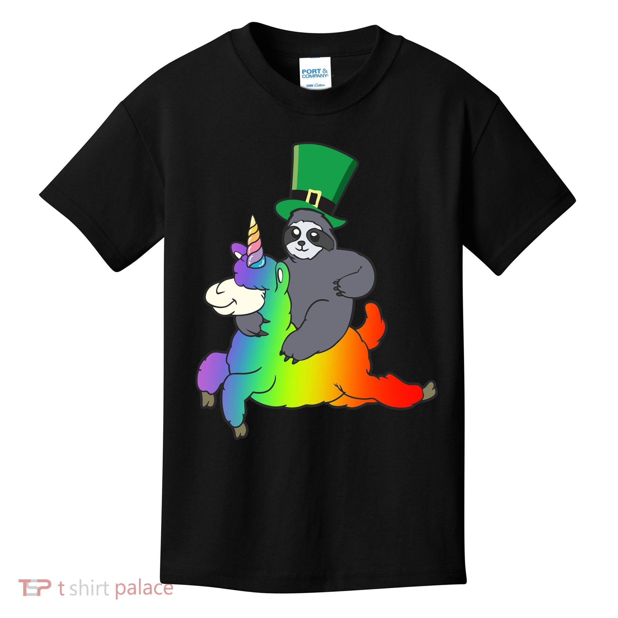 Sloth Riding Llama Unicorn St. Patrick's Day Kids T-Shirt