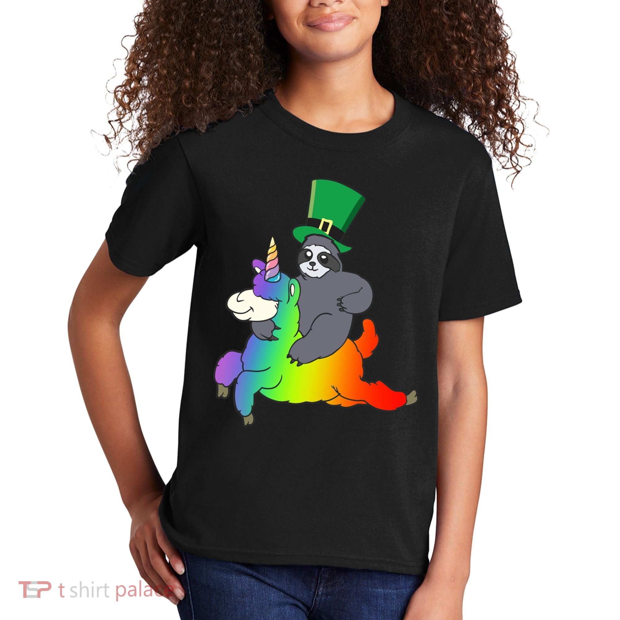Sloth Riding Llama Unicorn St. Patrick's Day Kids T-Shirt