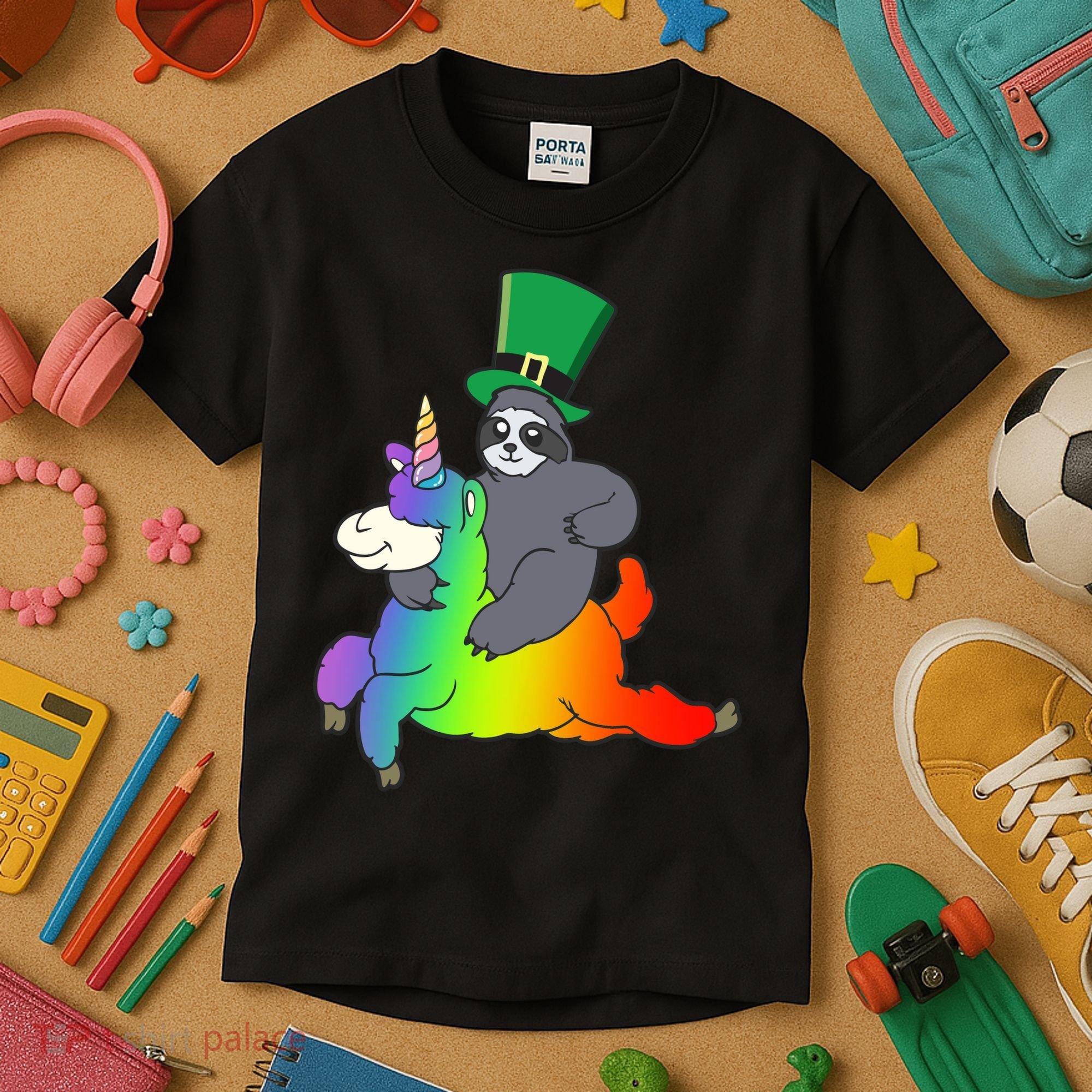 Sloth Riding Llama Unicorn St. Patrick's Day Kids T-Shirt