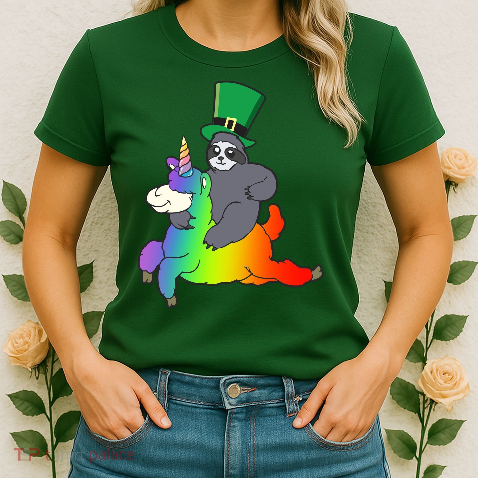 Sloth Riding Llama Unicorn St. Patrick's Day Women's T-Shirt