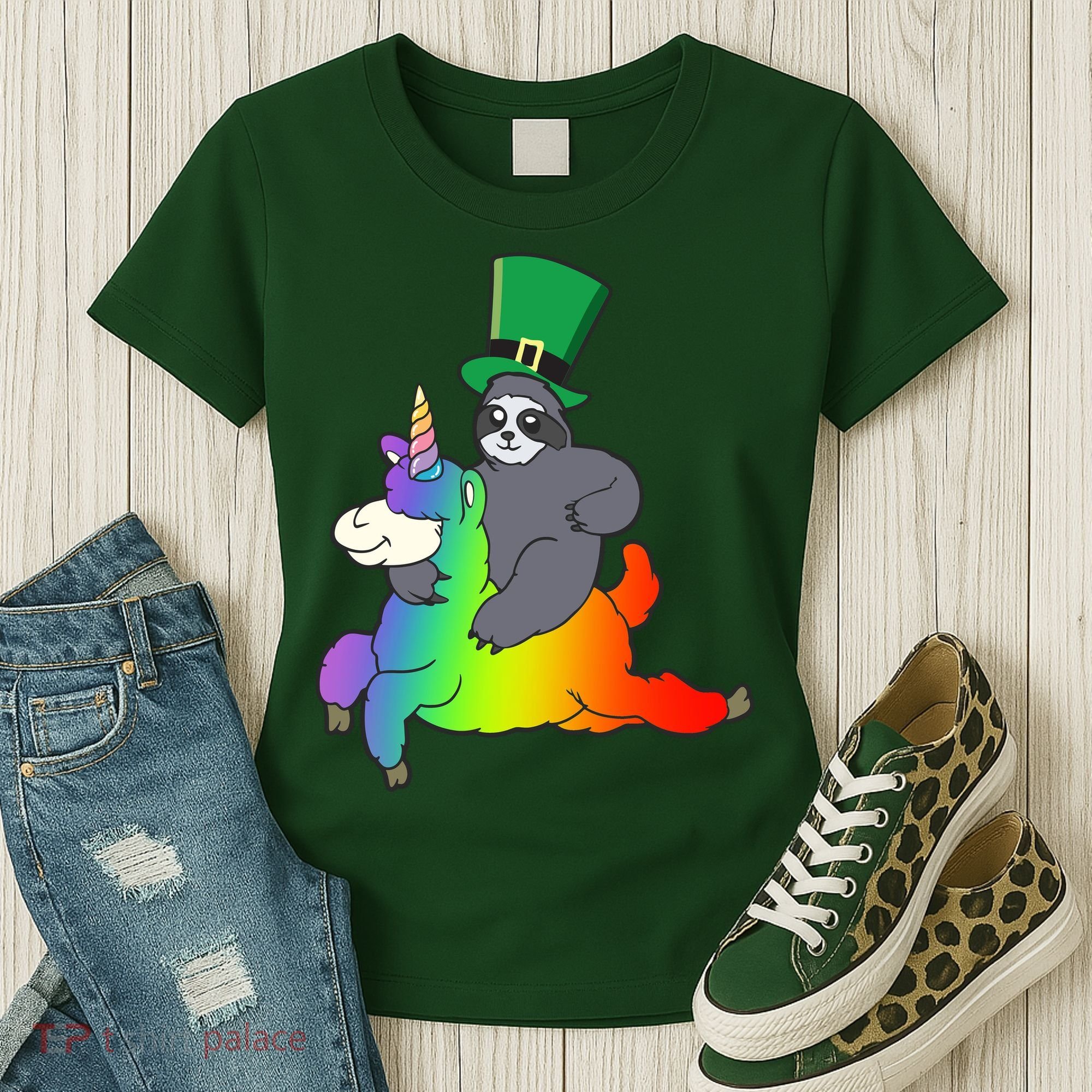 Sloth Riding Llama Unicorn St. Patrick's Day Women's T-Shirt